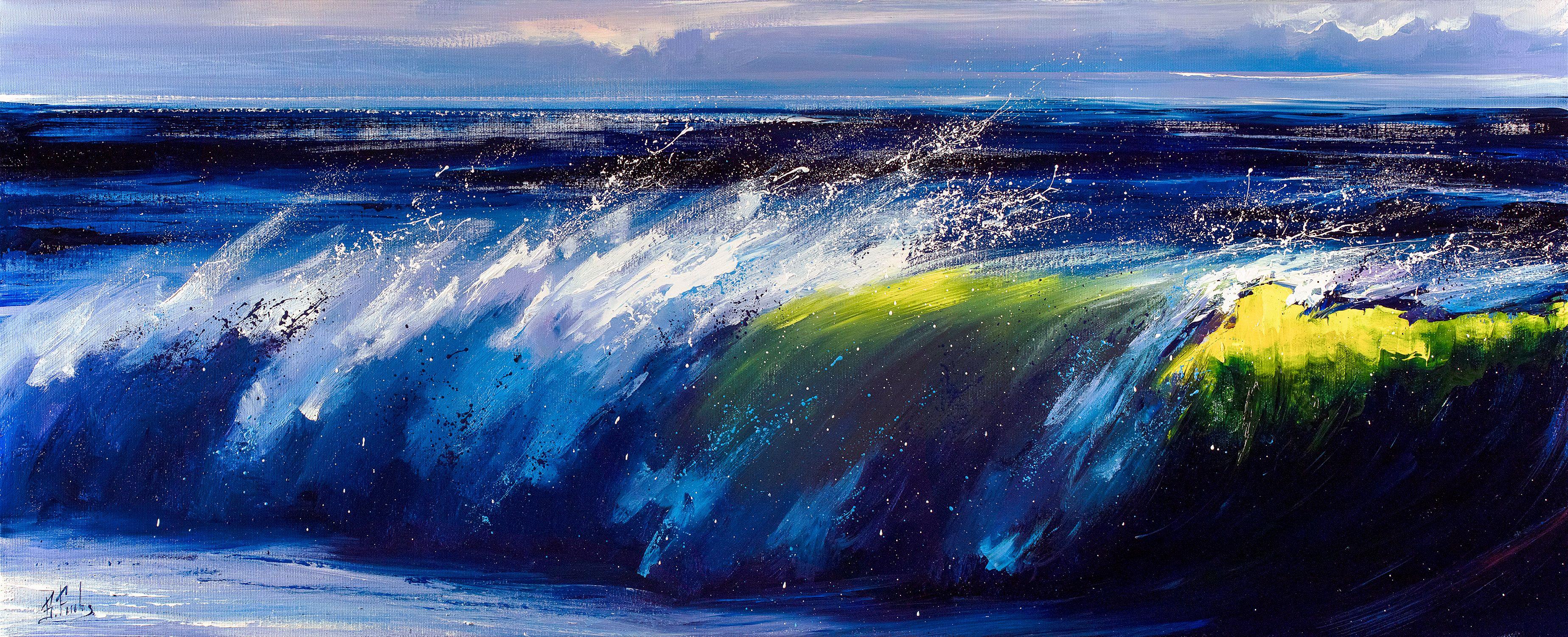 A green wave reflects the first rays of morning sun. Oil on canvas, Alla prima technique. :: Painting :: Contemporary :: This piece comes with an official certificate of authenticity signed by the artist :: Ready to Hang: Yes :: Signed: Yes ::