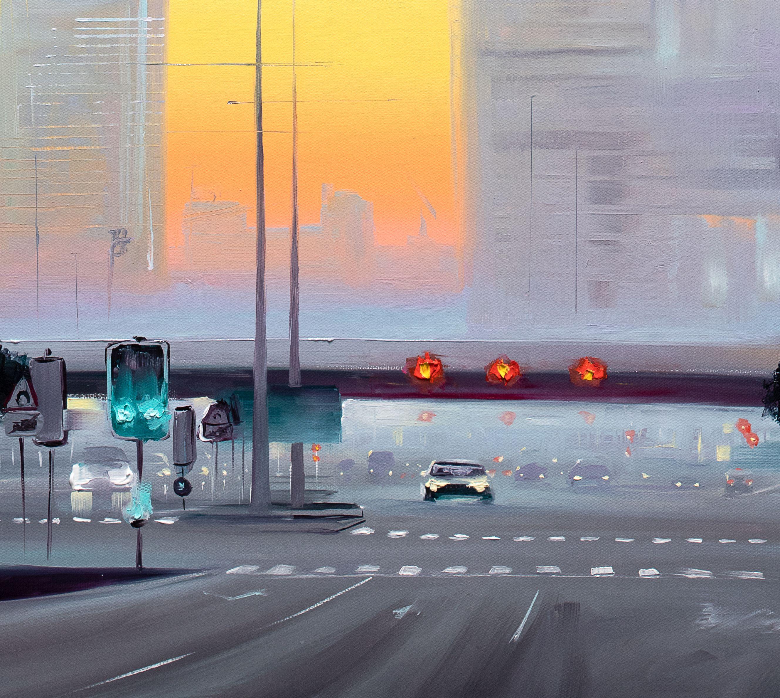 Silent Dawn on Dubai Streets, Painting, Oil on Canvas For Sale 1