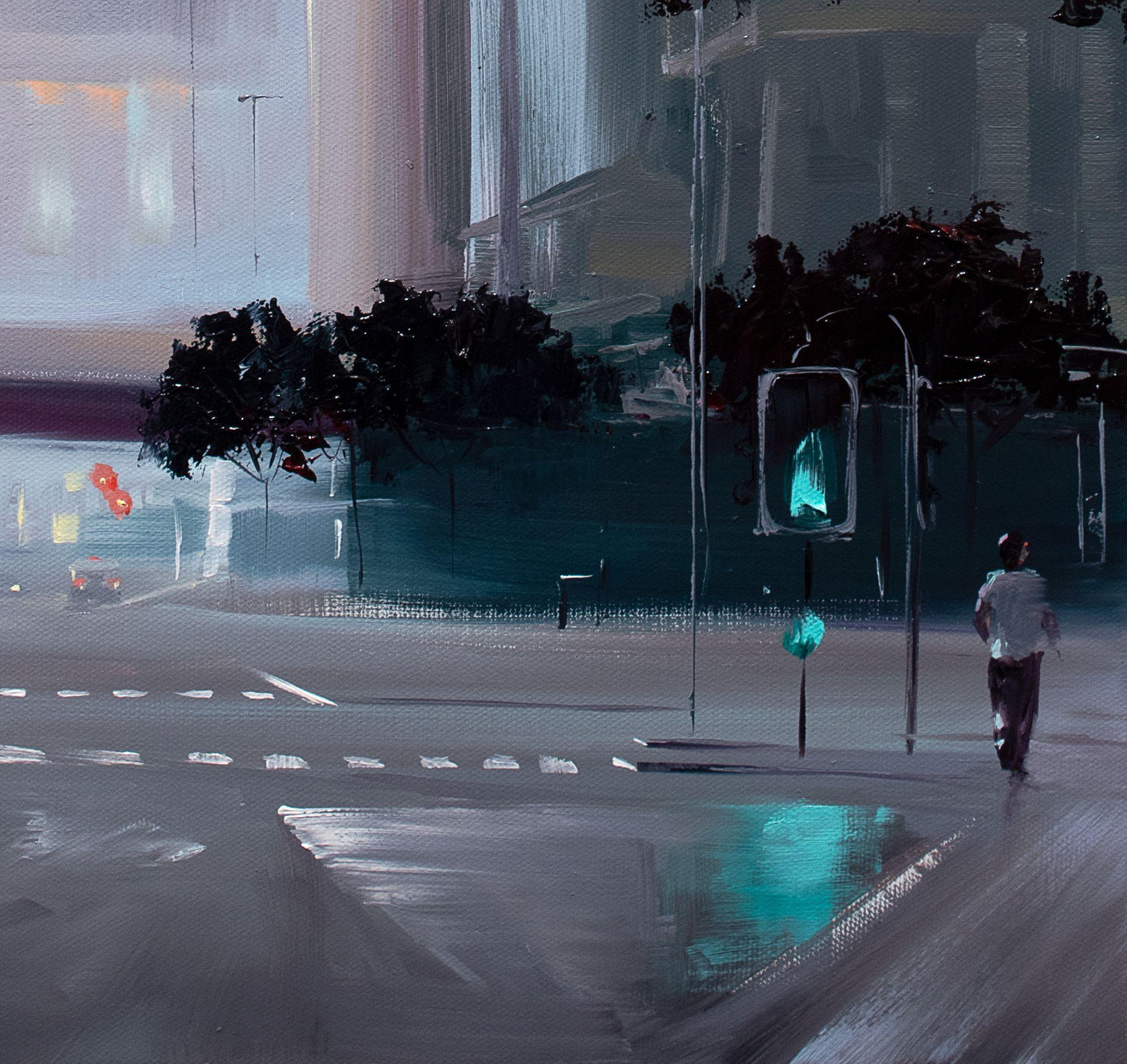 Silent Dawn on Dubai Streets, Painting, Oil on Canvas For Sale 2