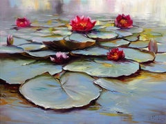 Symphony of Life: Blooming Water Lilies, Painting, Oil on Canvas