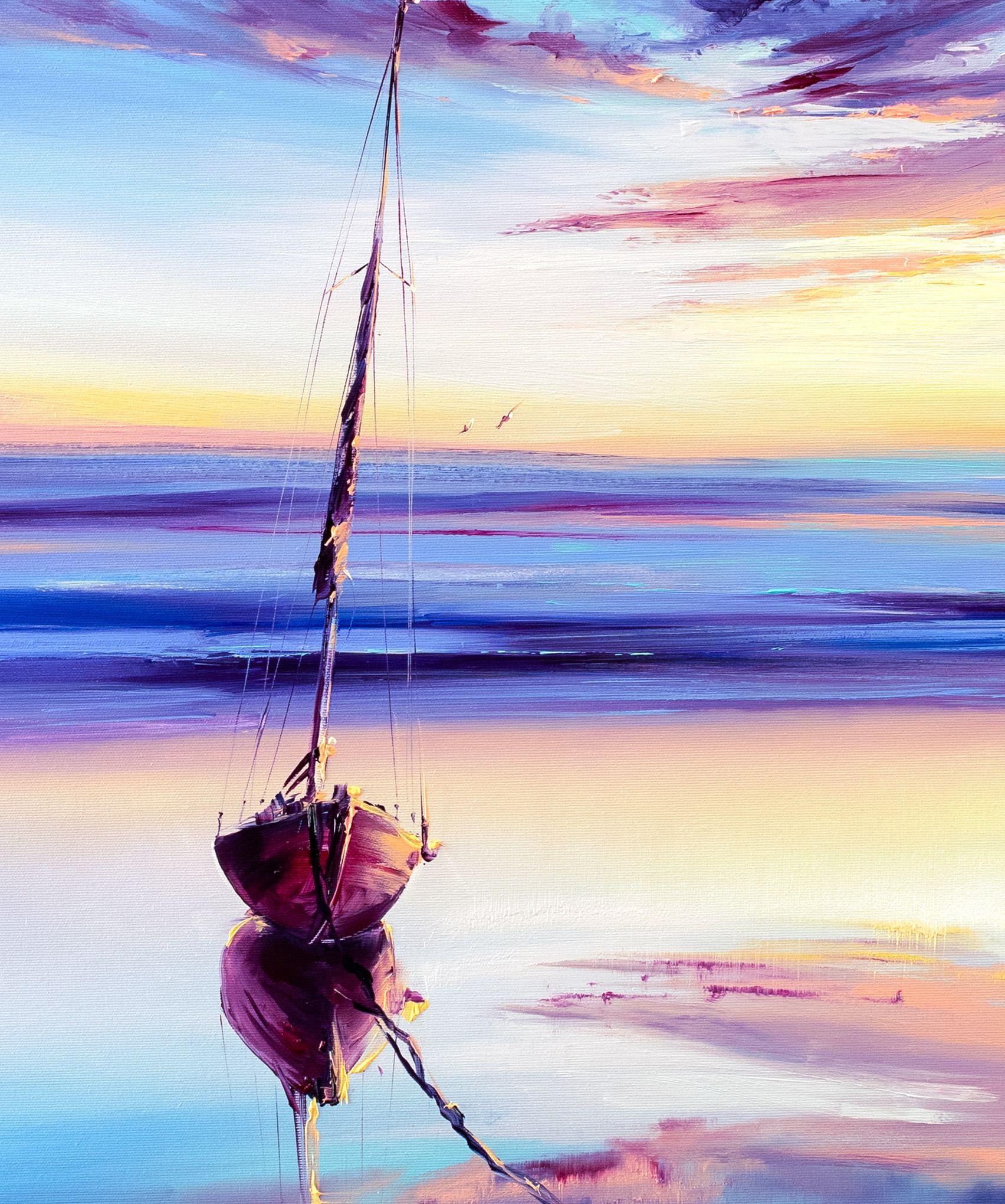 Wishing to convey the feelings of peace, freedom and infinity while exploring colour and movement, the artist shows peaceful moments by the sea.  There is something about the painting that calms the soul. It is not only a painting of the sea, but