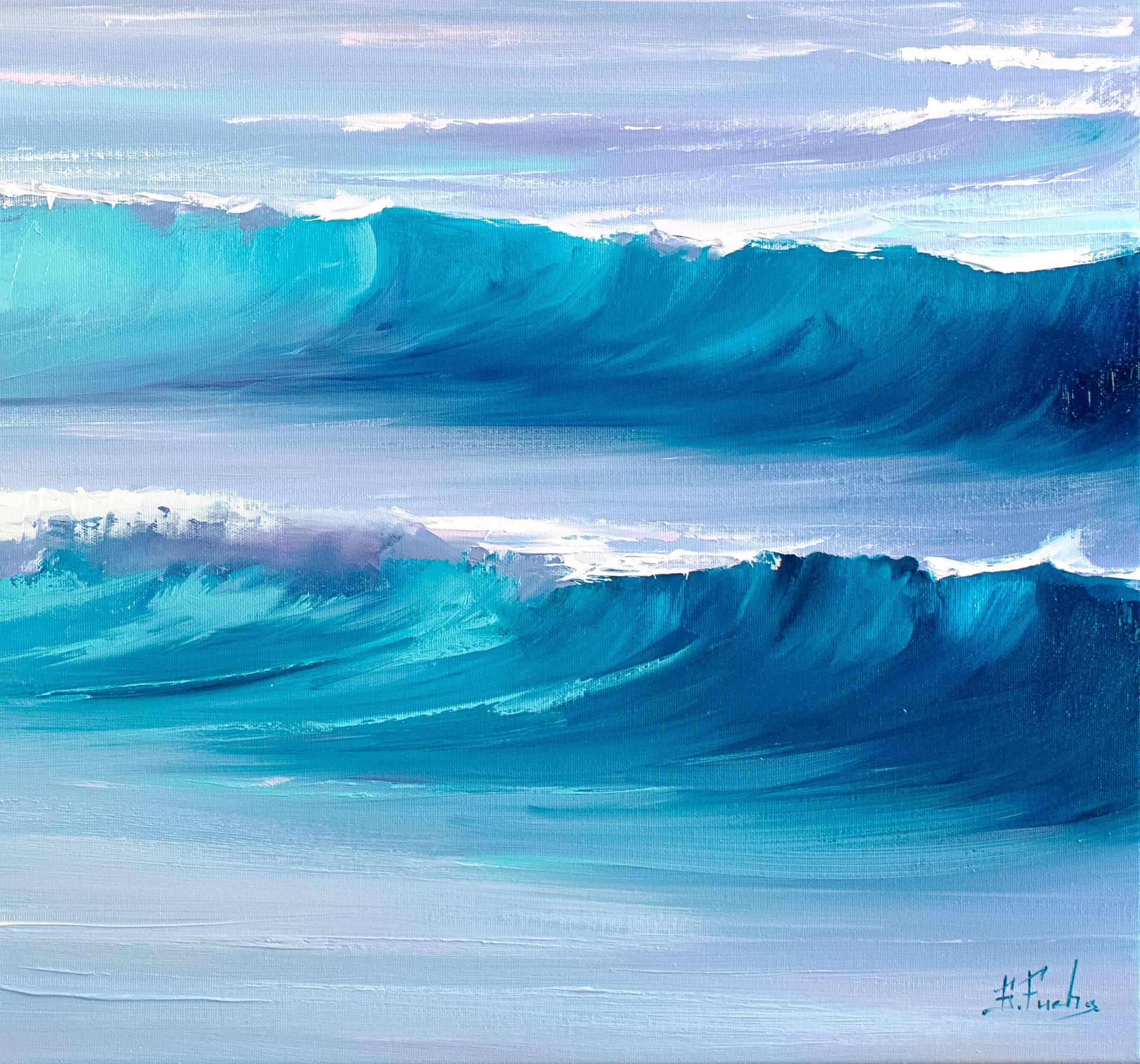 A calm painting of a beach at sunrise.  The soft morning light plays over the beautiful waves lines.  Do you hear the sound of the transparent turquoise waves lapping on the sand... as the gentle breeze ripples through your hair... :: Painting ::