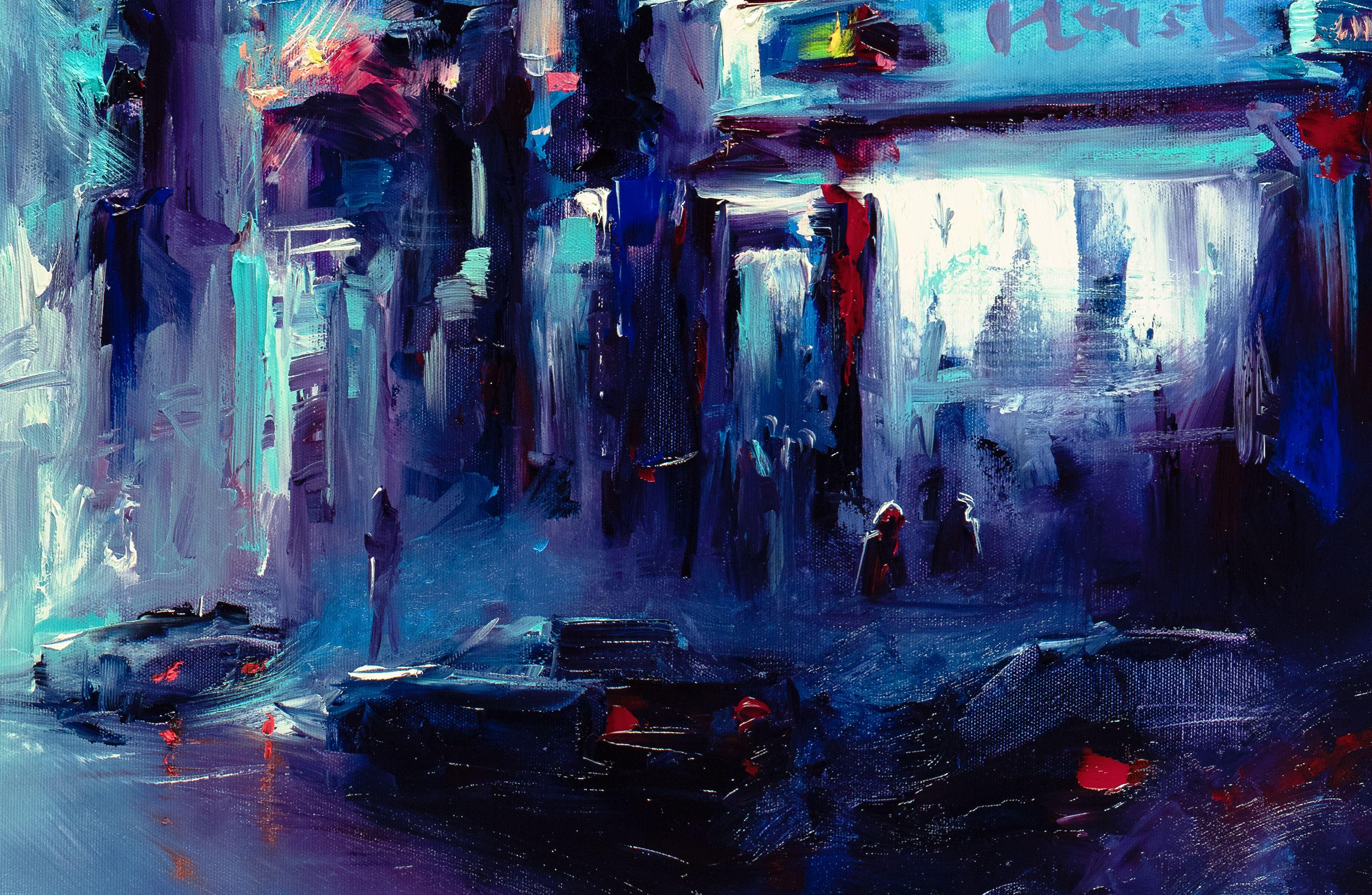 Urban Night Life, Painting, Oil on Canvas For Sale 2