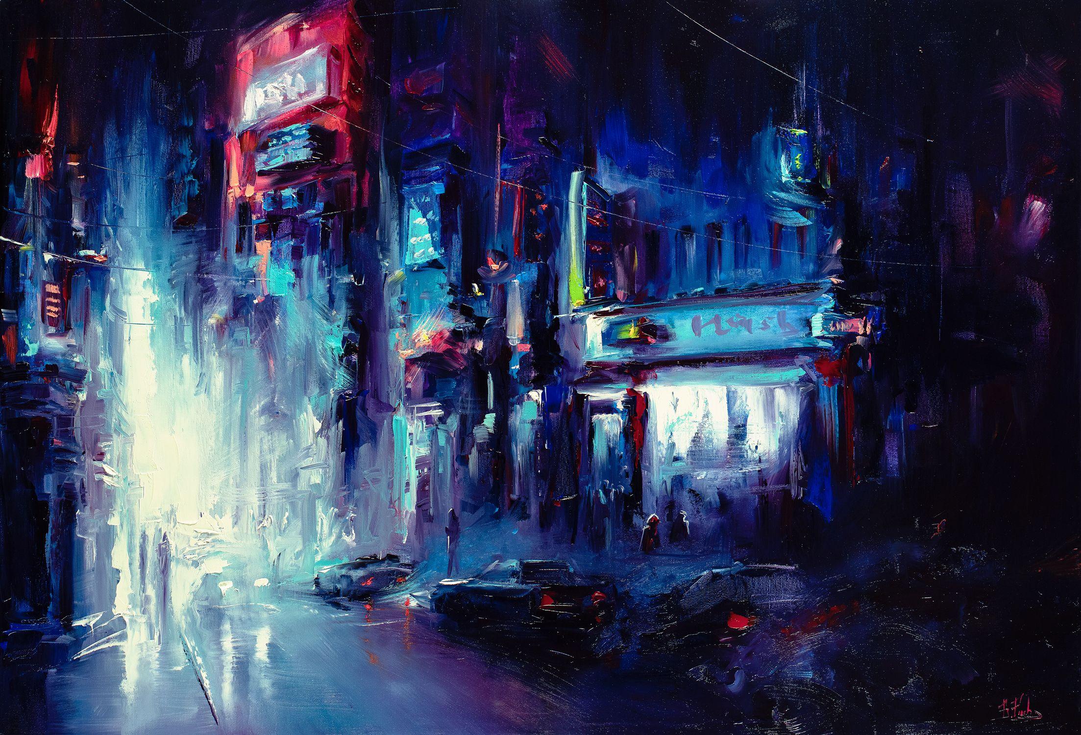 Inspired by a night life, neon light effects and cyber city. Oil on canvas, Alla prima technique.   :: Painting :: Contemporary :: This piece comes with an official certificate of authenticity signed by the artist :: Ready to Hang: Yes :: Signed: