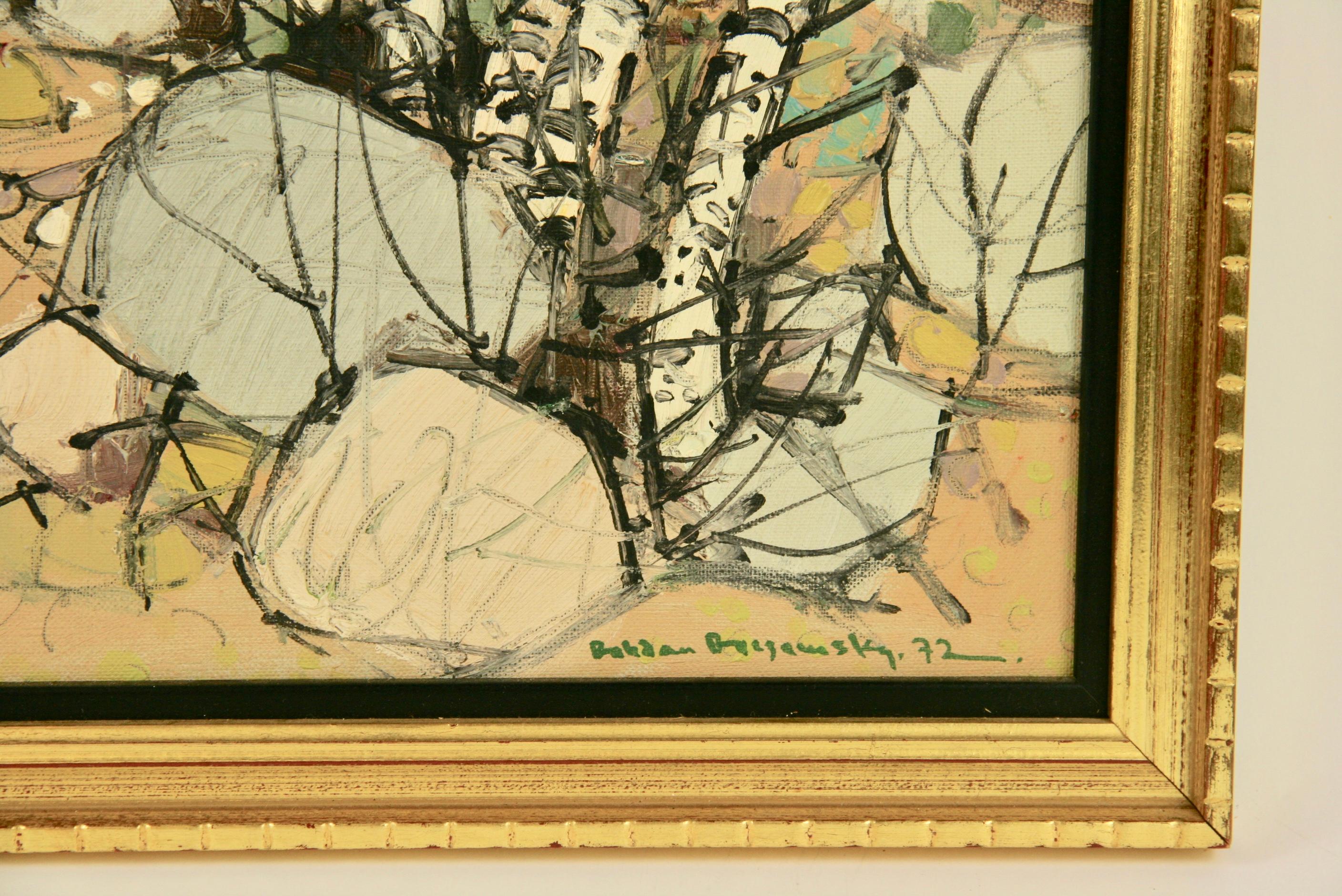 Vista del lago a través del  Abedules  Paisaje al óleo 1972 - Painting de Bozrewsky