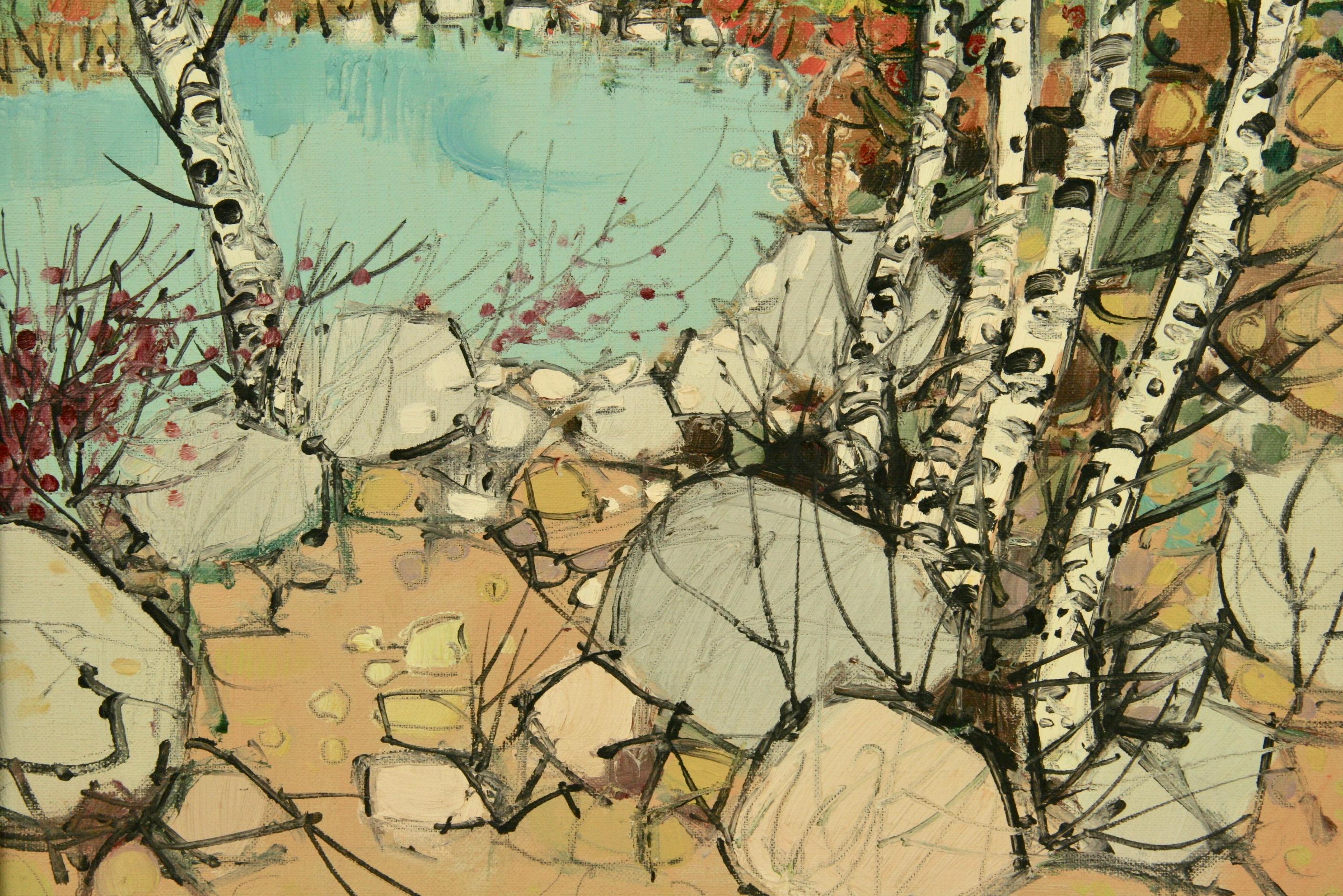 #5-3075a Birch Tree Abstract Landscape, oil on canvas displayed in a gilt wood frame, signed by Bozrewsky  lower right.Image size 19.24 H x 15 W