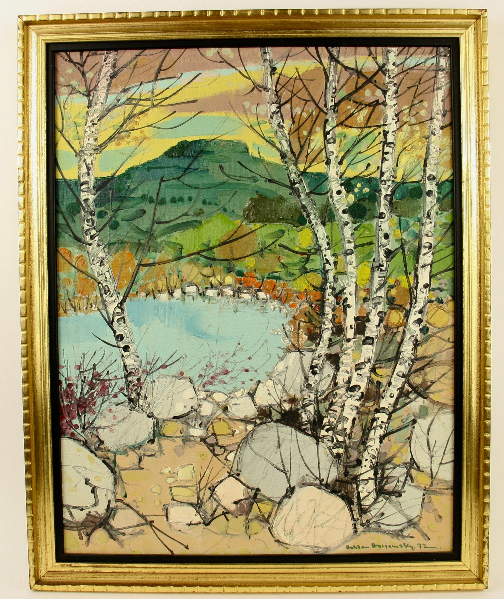 Vista del lago a través del  Abedules  Paisaje al óleo 1972 en venta 1