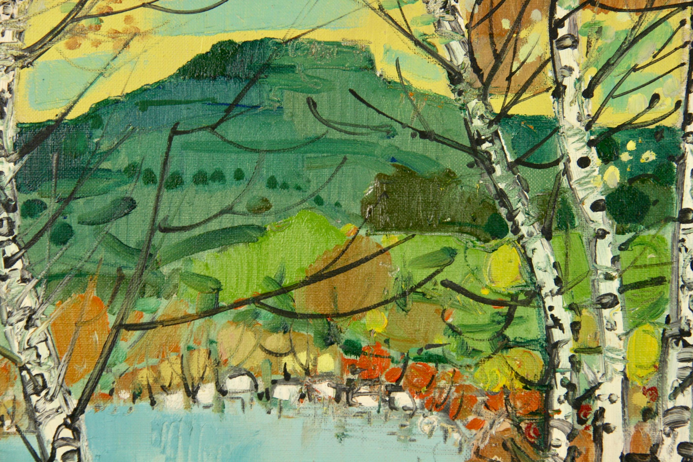 #5-3075a Abstrakte Landschaft mit Birken, Öl auf Leinwand, in einem vergoldeten Holzrahmen, signiert von Bozrewsky  Bildgröße 19,24 H x 15 B.