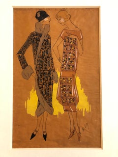 Bozzetti Di Moda Francesi Art Deco Disegni con Passepartout Set di Due