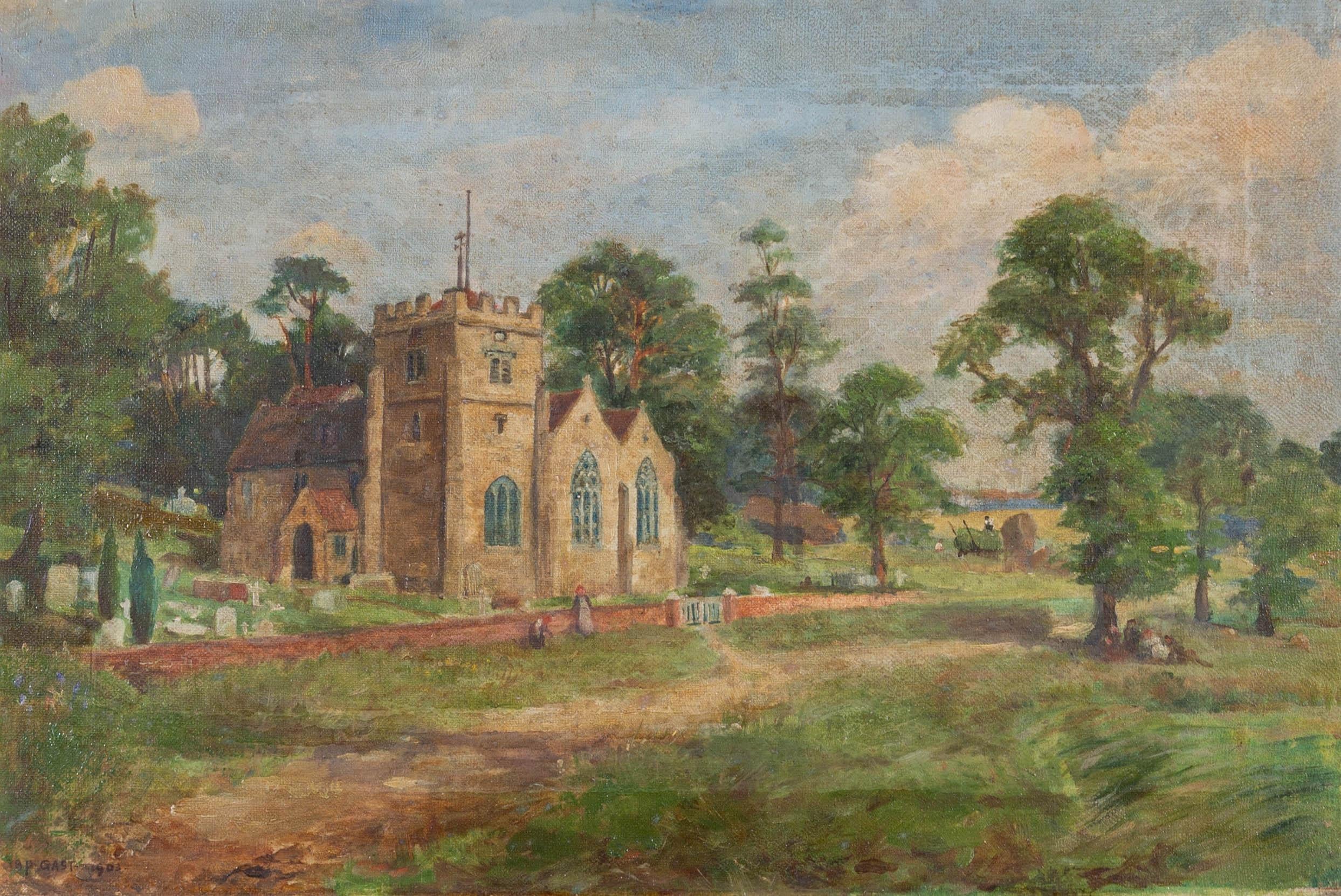A charming oil painting, depicting a rural scene with a church and figures nearby. Signed and dated to the lower left-hand corner. Presented in a gilt-effect slip and in an ornate, gilt-effect frame, as shown. On canvas on stretchers.