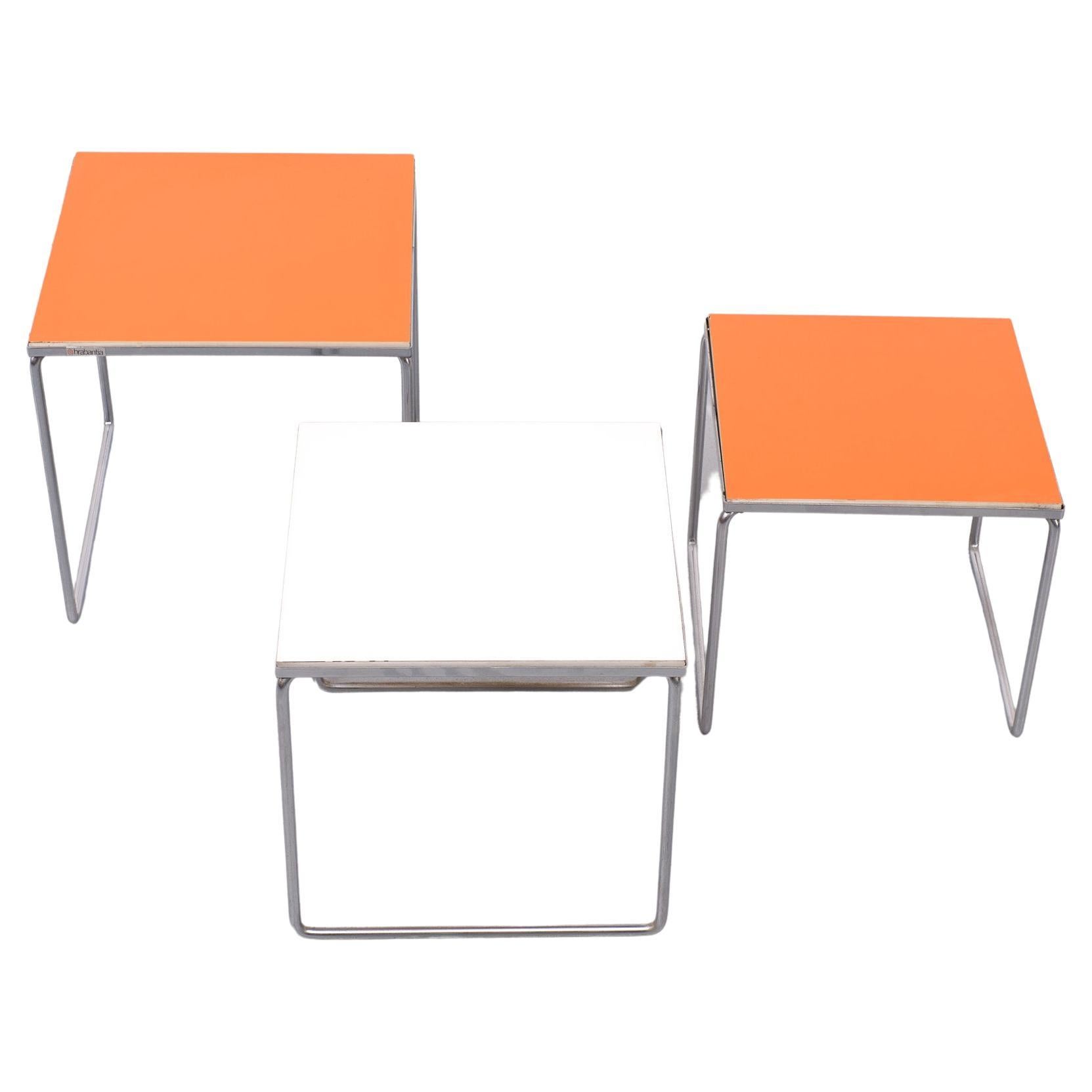 Very nice authentic set of nesting tables .reversible  tops  , Orange or White 
Formica top . Chrome on Steel tube frames .In a good condition . 
no damage on the tops . signed Brabantia . Holland 1970s 