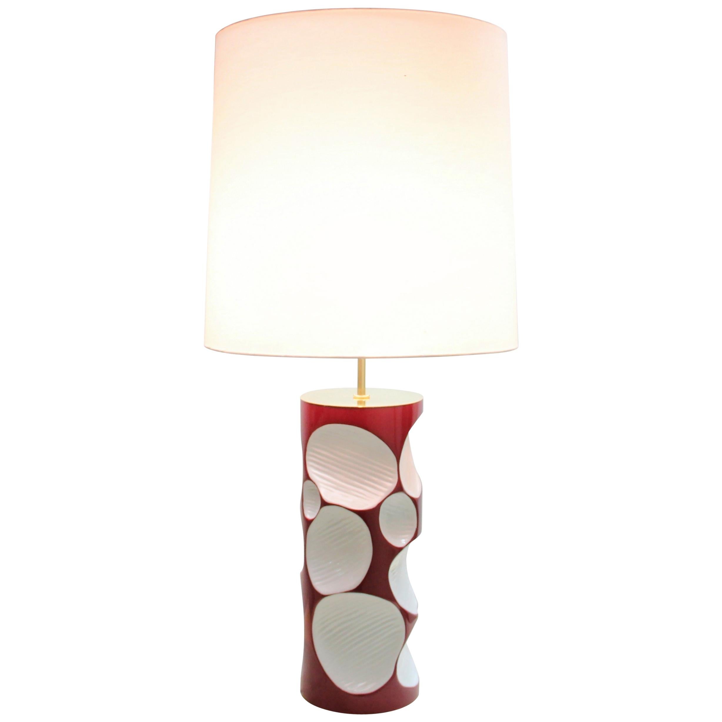 Amik Table Lamp in Red with Polished Brass Details For Sale