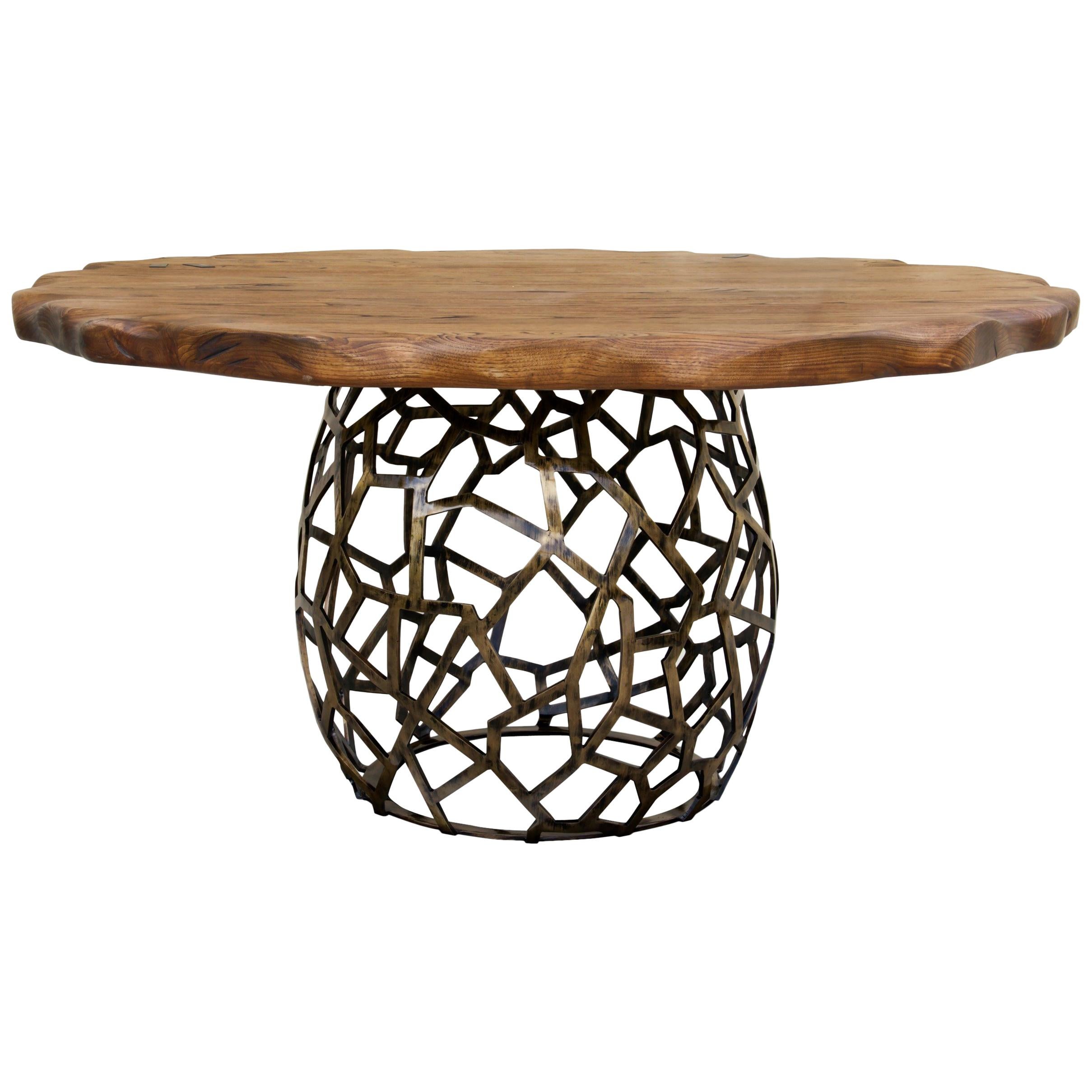Apis I Dining Table in Brass with Wood Top For Sale