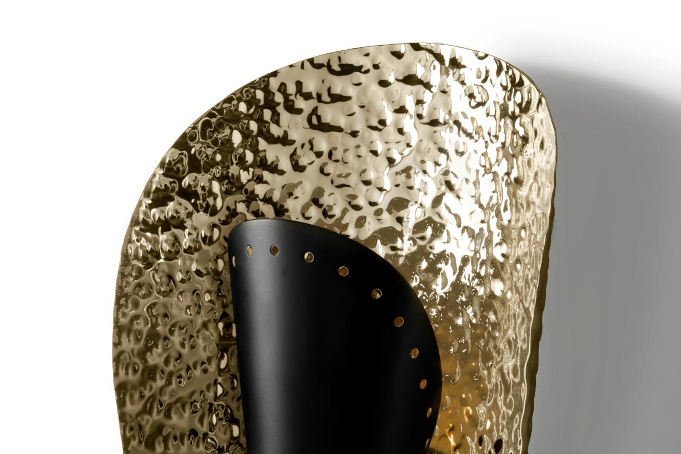 Portuguese Aruna Sconce with Black Shade in Hammered Gold Plated Brass Shell For Sale