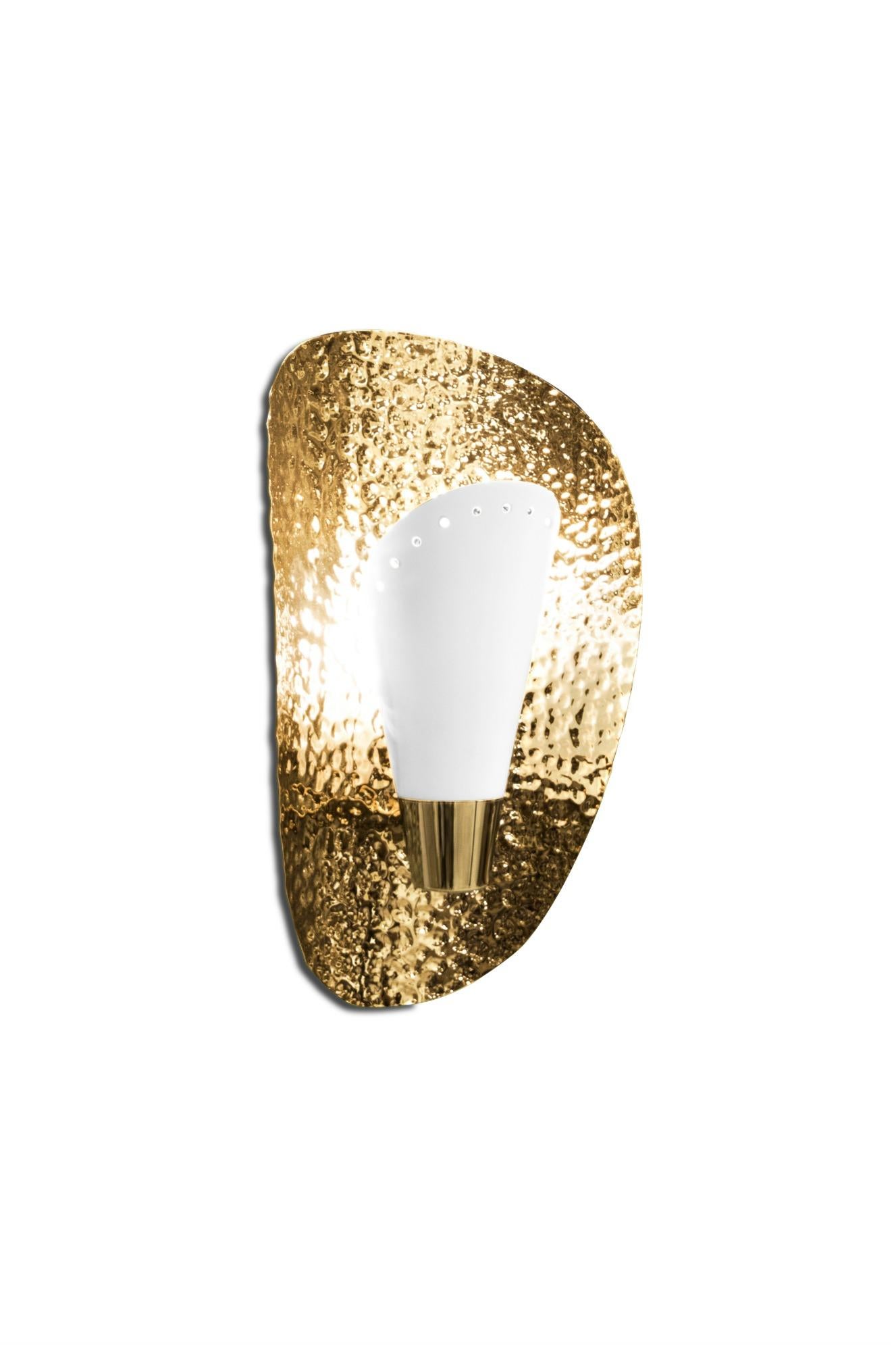 Aruna Sconce with Black Shade in Hammered Gold Plated Brass Shell In New Condition For Sale In New York, NY