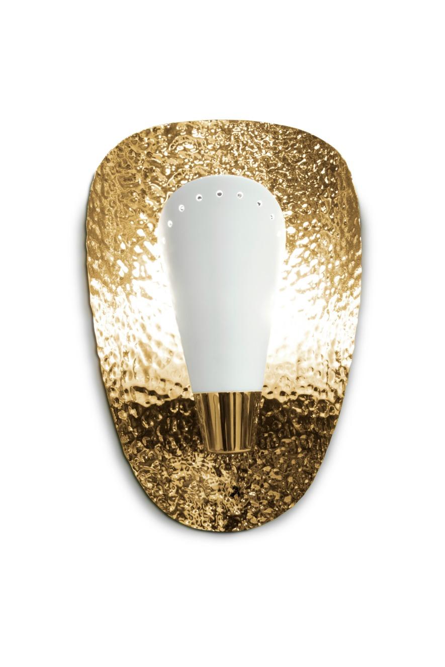 Aruna Sconce with Black Shade in Hammered Gold Plated Brass Shell For Sale 1