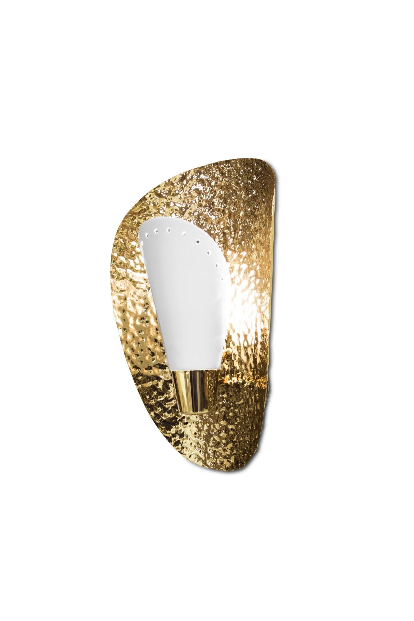 Aruna Sconce with Black Shade in Hammered Gold Plated Brass Shell For Sale 2