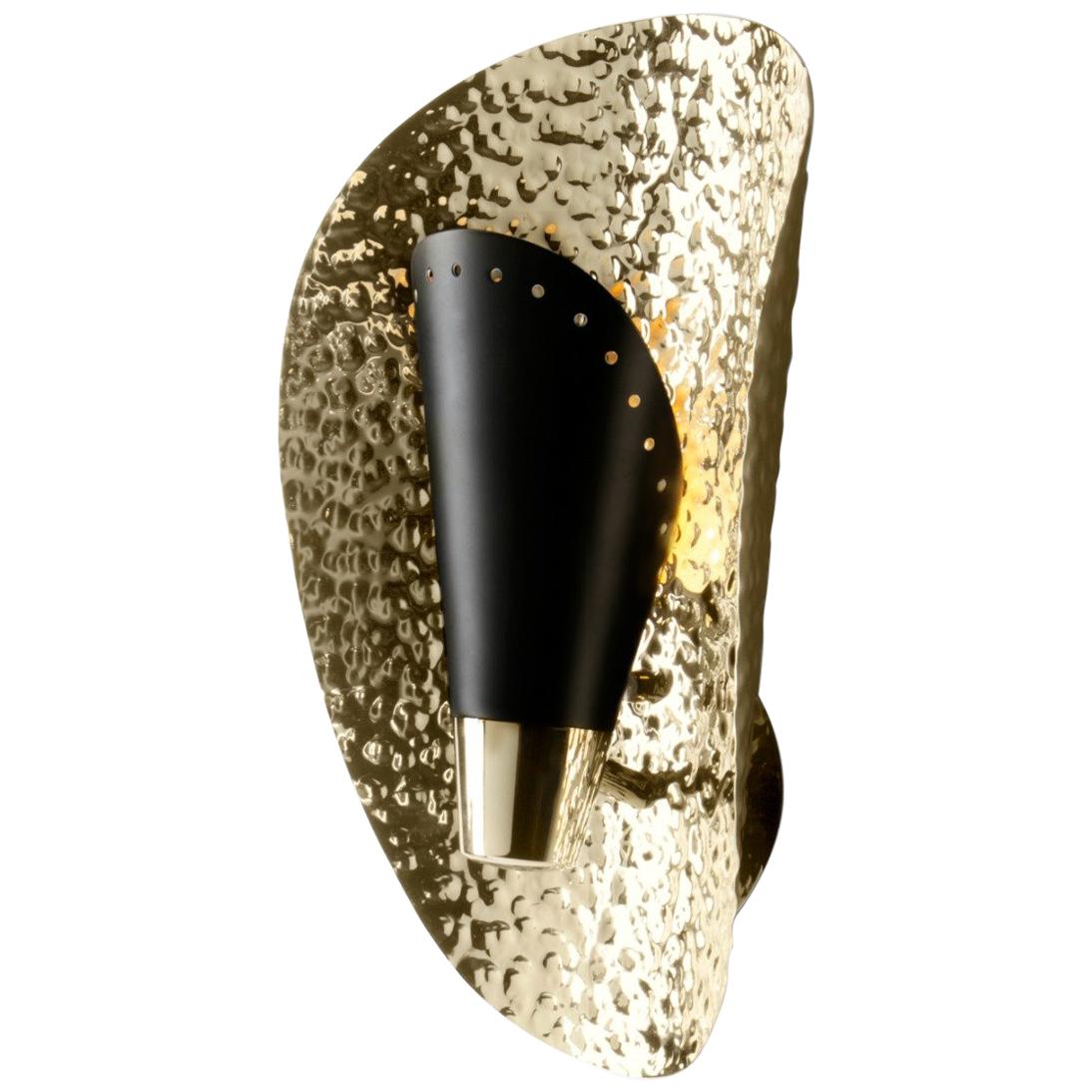 Aruna Sconce with Black Shade in Hammered Gold Plated Brass Shell For Sale
