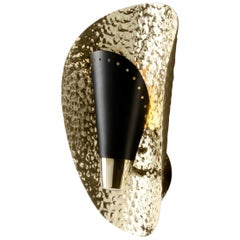 Aruna Sconce with Black Shade in Hammered Gold Plated Brass Shell