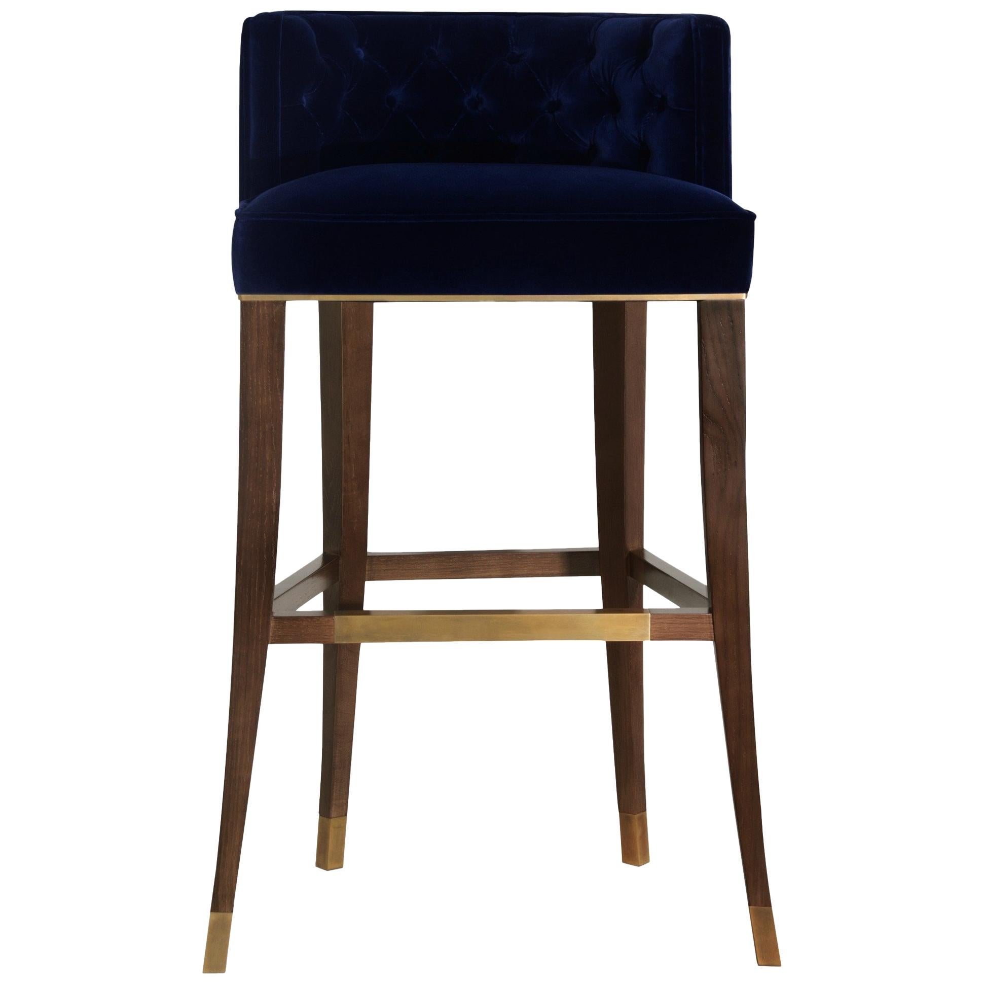 Bourbon Bar Chair in Cotton Velvet with Wood and Brass Detail For Sale
