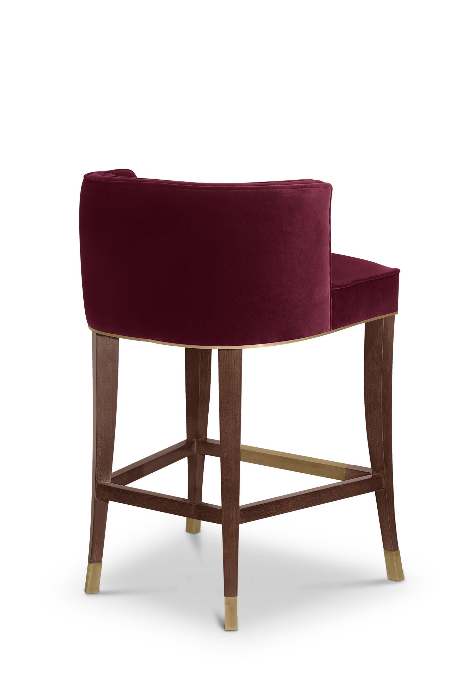 Mid-Century Modern Bourbon Counter Stool in Cotton Velvet And Aged Brass Details For Sale