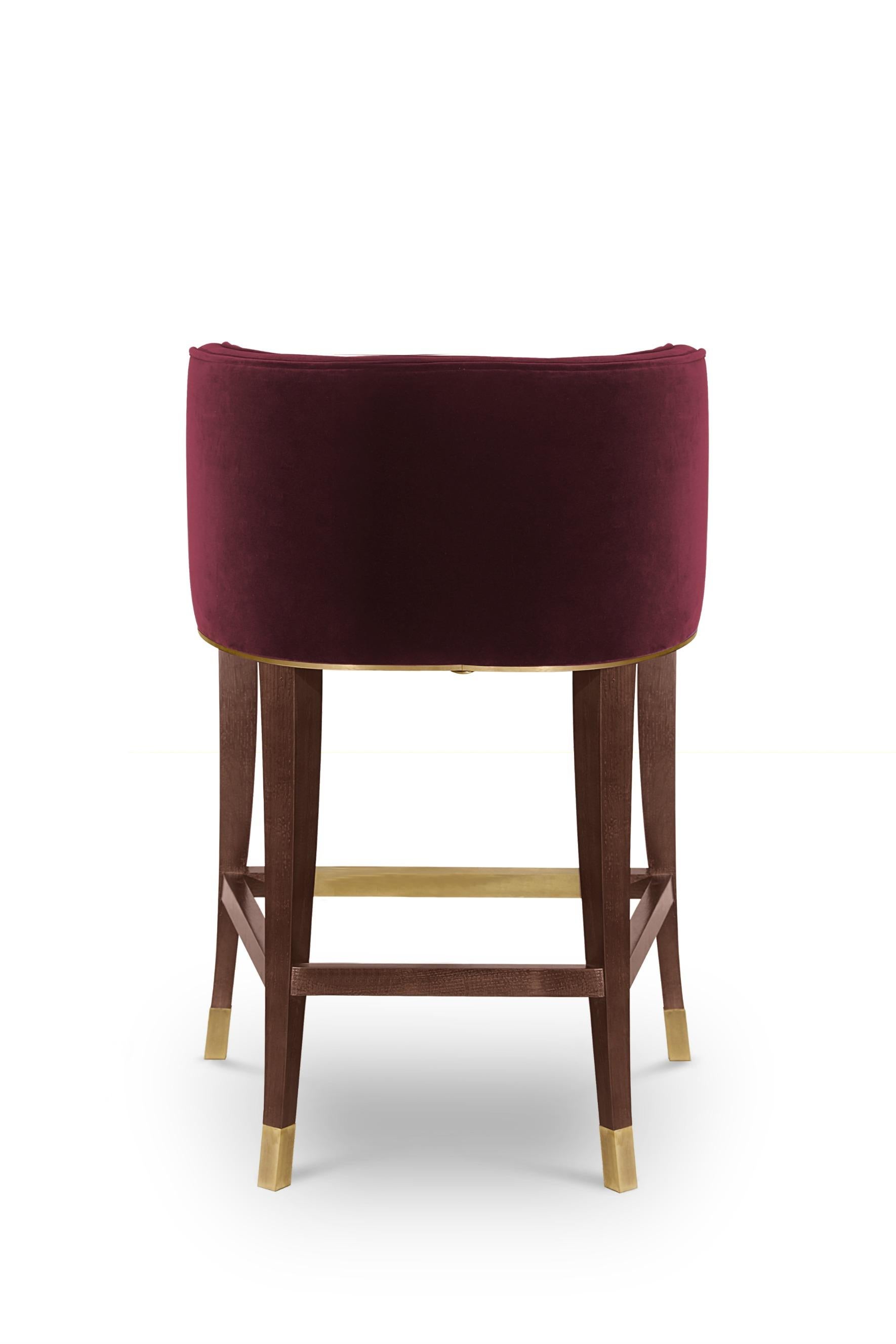 Portuguese Bourbon Counter Stool in Cotton Velvet And Aged Brass Details For Sale