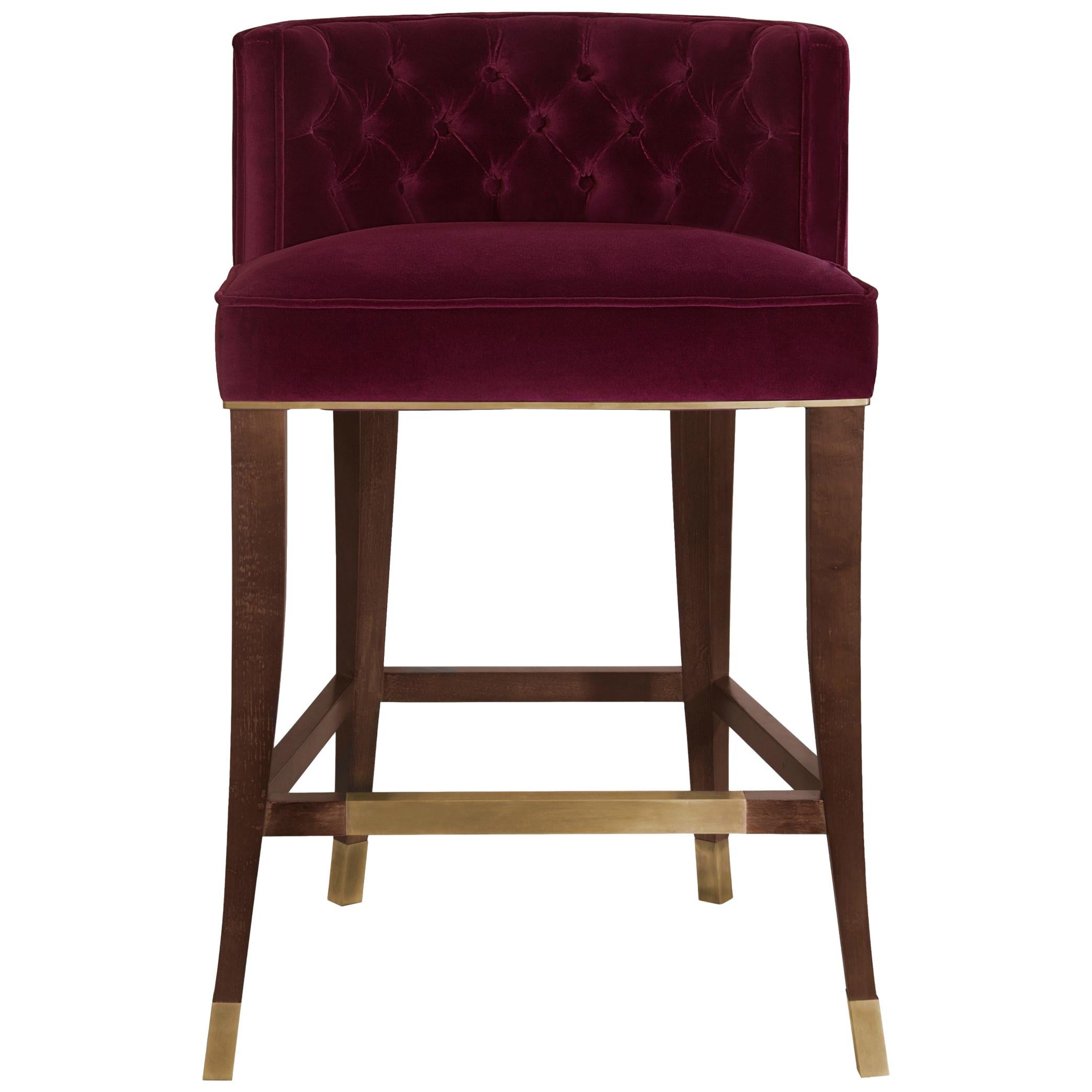 Bourbon Counter Stool in Cotton Velvet And Aged Brass Details For Sale