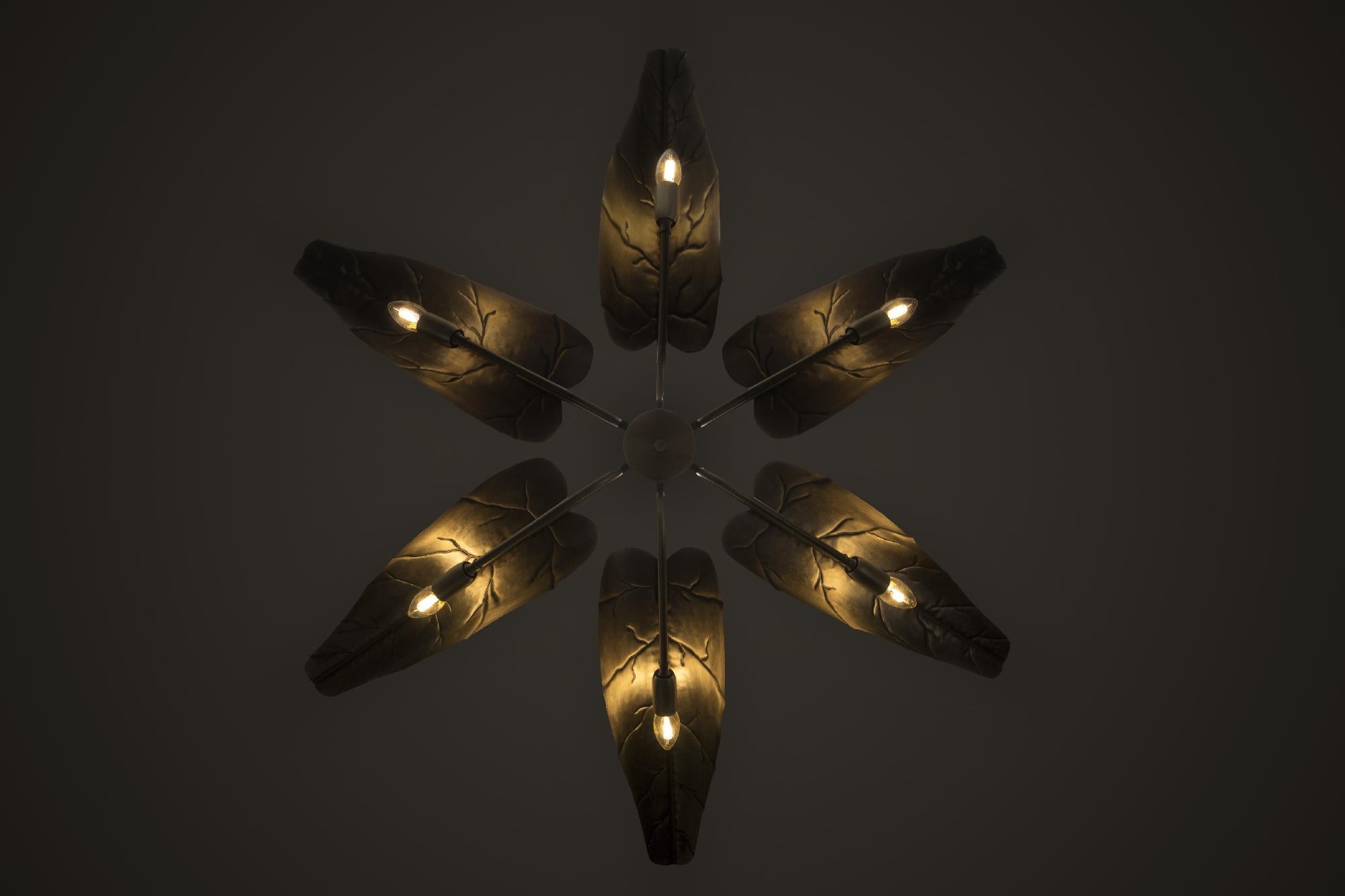 Mid-Century Modern Calla Suspension Light in Hammered Aged Brass For Sale