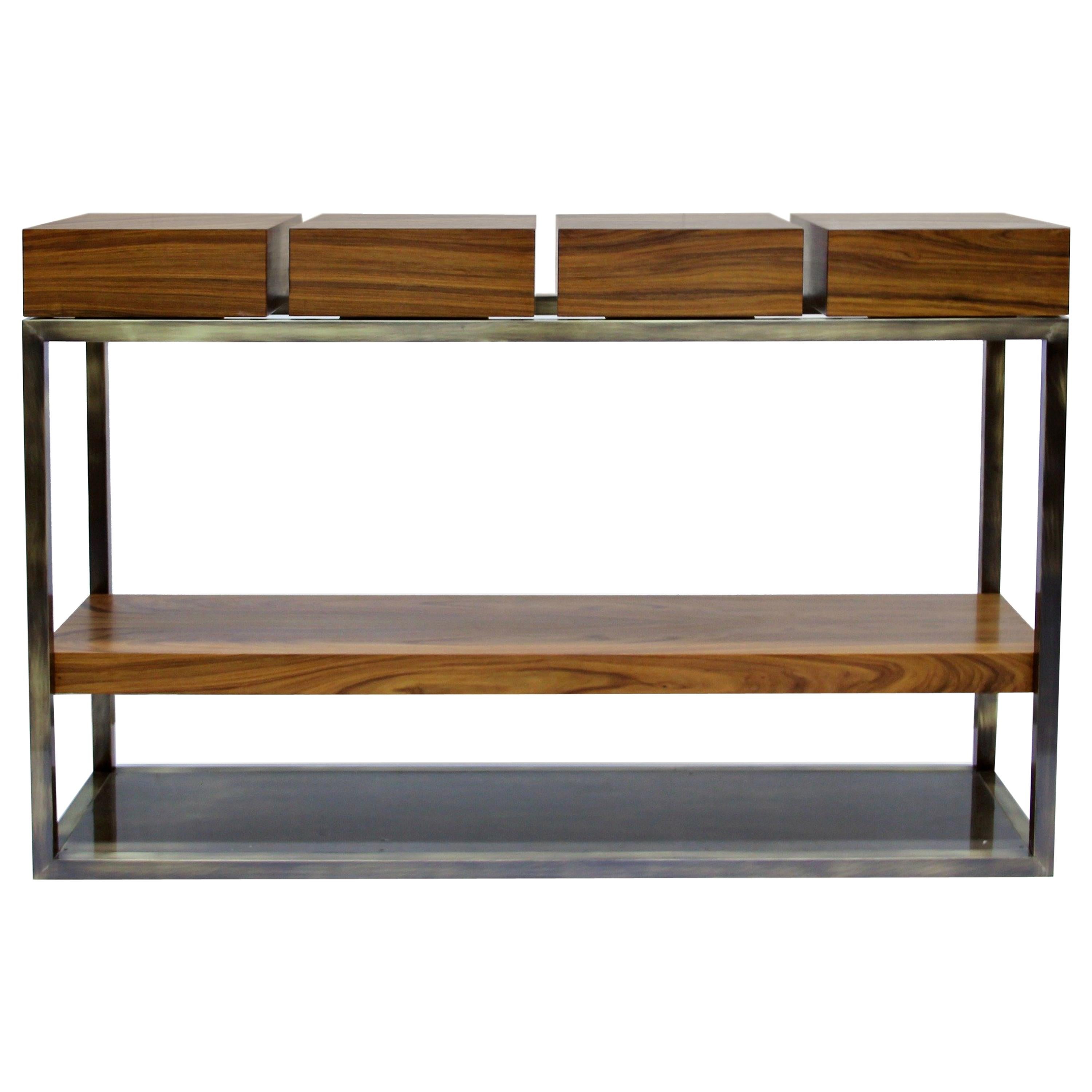 Cassis Console Table in Wood with Brass Details For Sale
