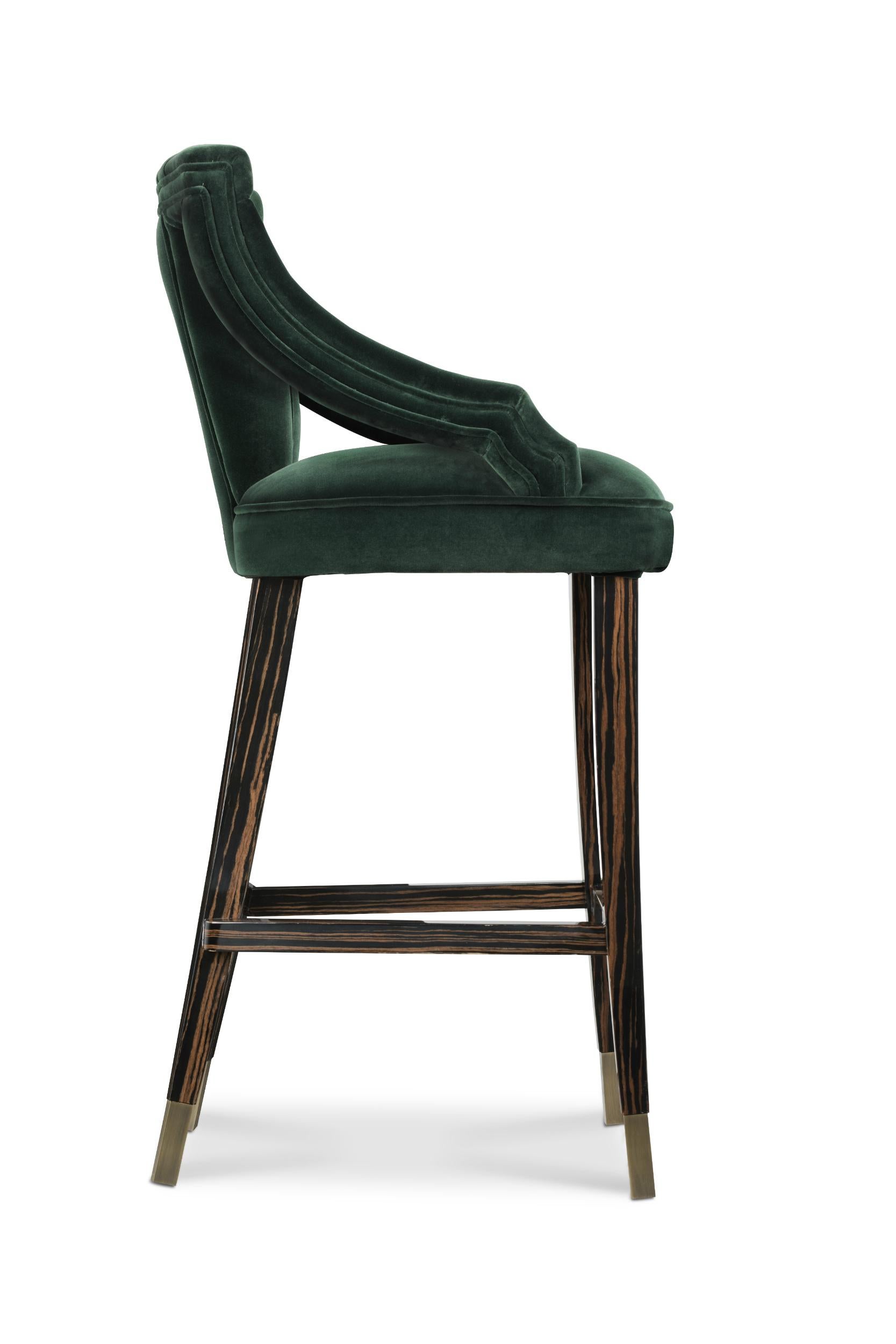 Art Deco Cayo Bar Chair in Cotton Velvet with Wood & Brass Detail by Brabbu For Sale