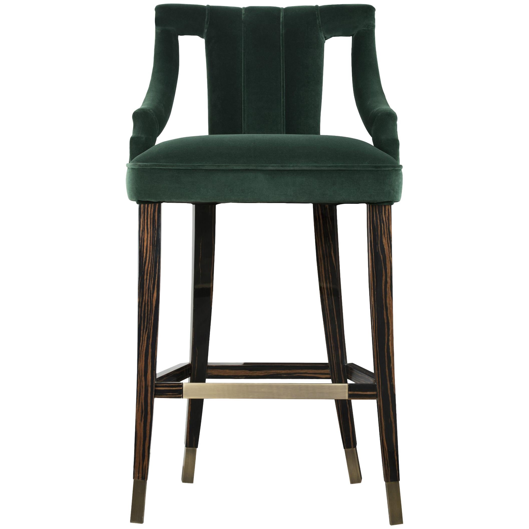 Cayo Bar Chair in Cotton Velvet with Wood & Brass Detail by Brabbu For Sale