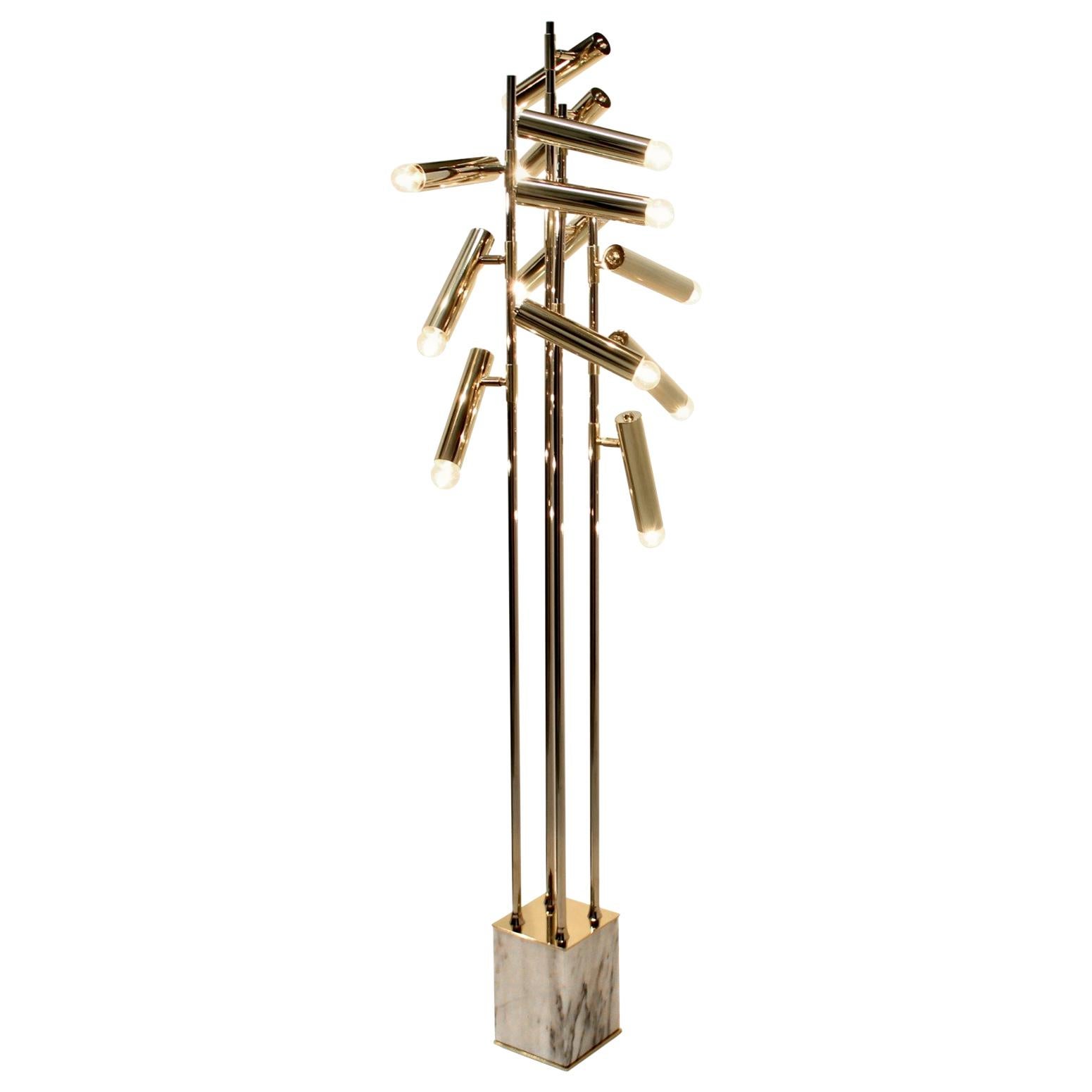 Cypres Floor Lamp in Glossy Gold-Plated Brass with Marble Base by Brabbu For Sale