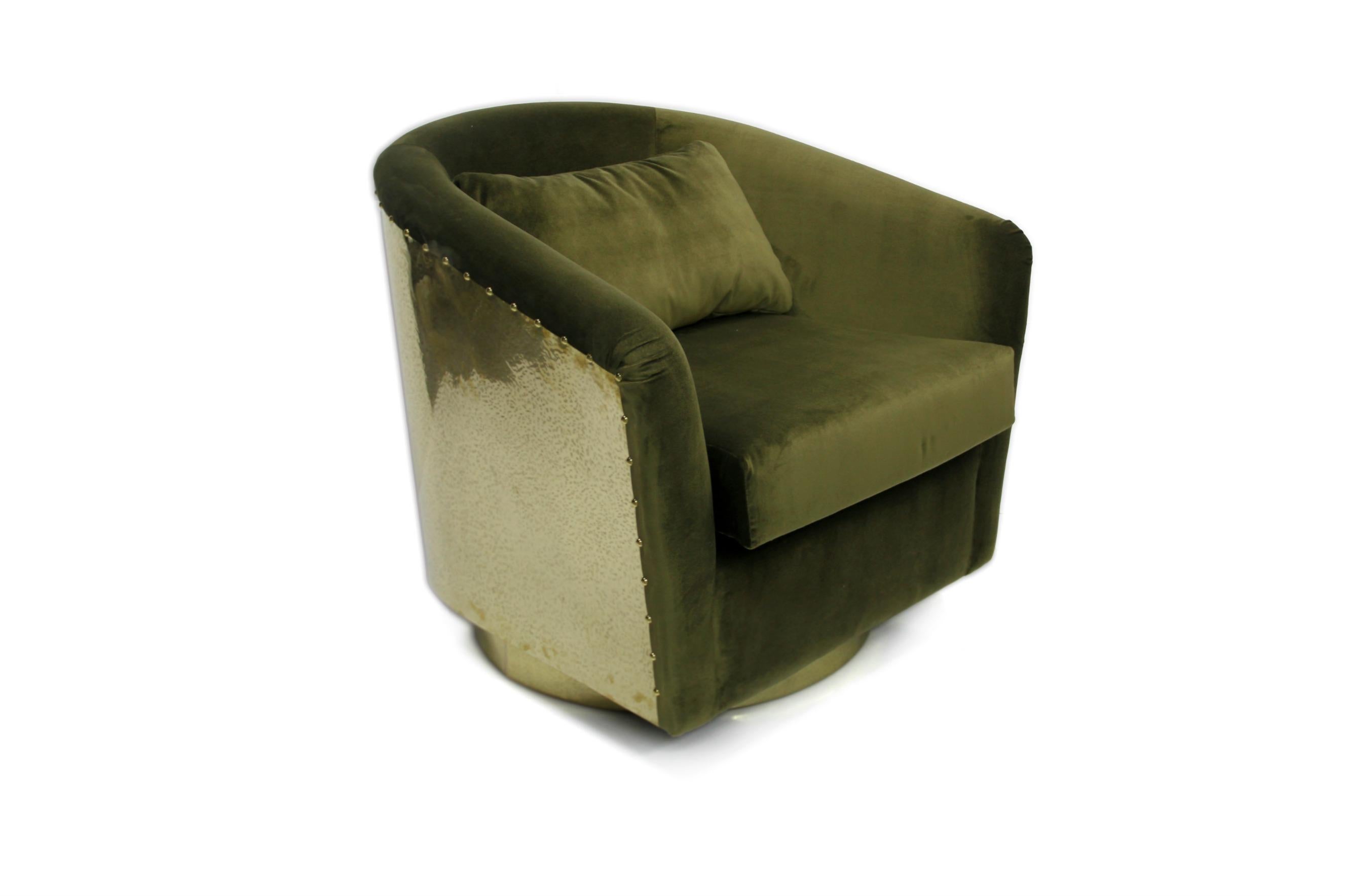 Modern Earth Armchair in Cotton Velvet with Gold Details For Sale