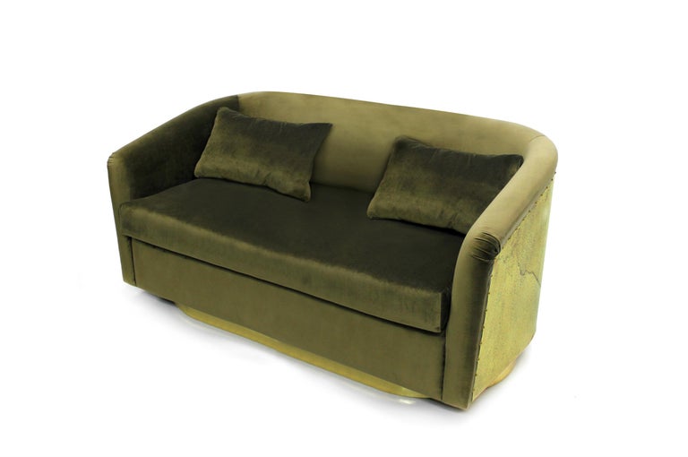 Brabbu Earth Sofa in Olive Green Cotton Velvet with Hammered Brass Base