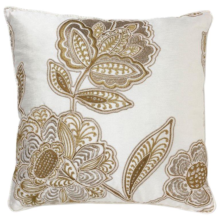 Brabbu Flora Pillow in White Linen with Gold Stitching For Sale