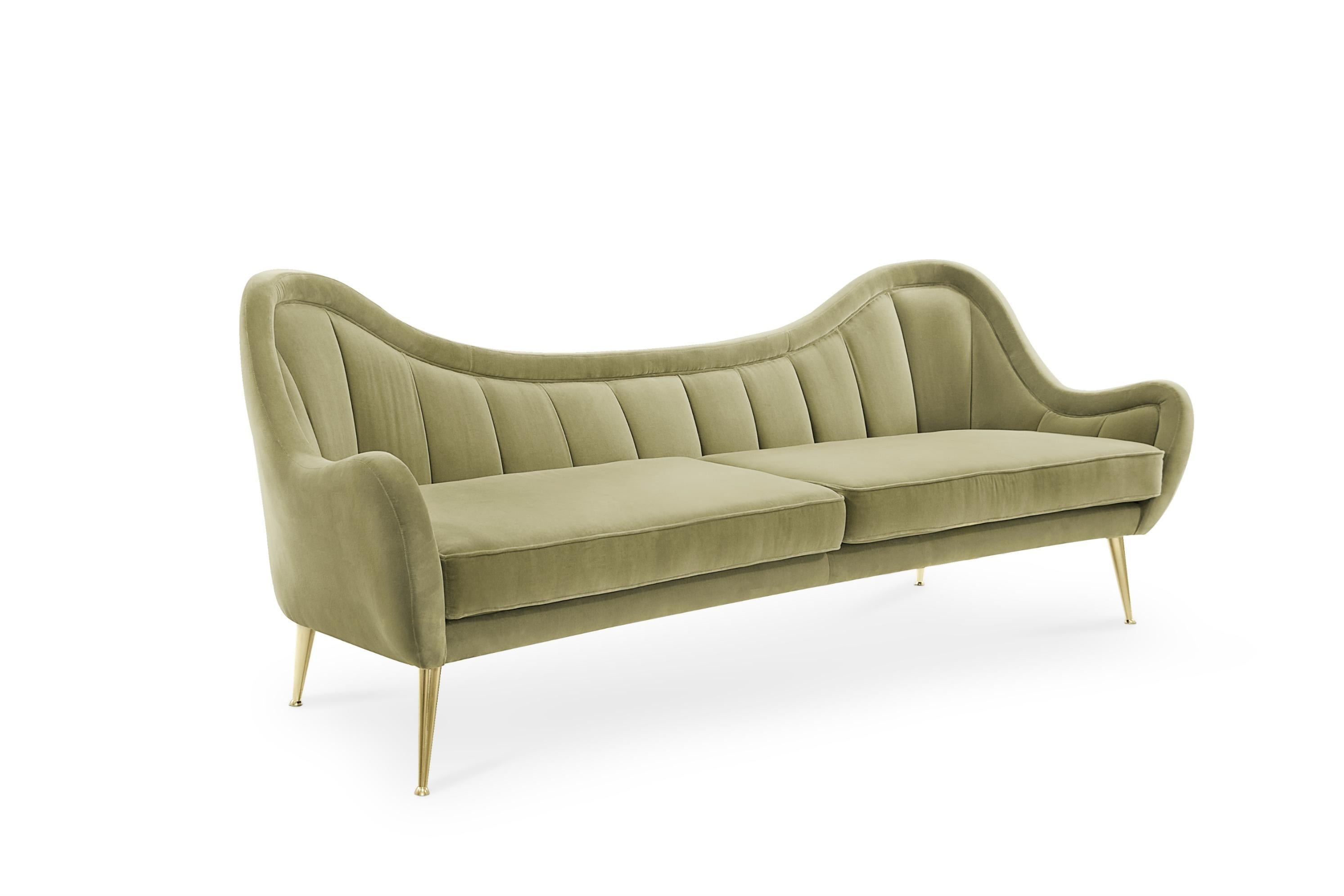 In Greek Mythology, Hermes is the God of boundaries, travel and communication. This was the inspiration behind HERMES Sofa, a living room sofa upholstered in cotton velvet and legs in polished brass. It is a statement mid century modern sofa capable