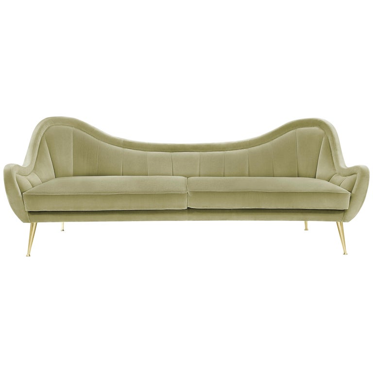 Brabbu Hermes Sofa in Pale Green Cotton Velvet with Gold Finish Legs
