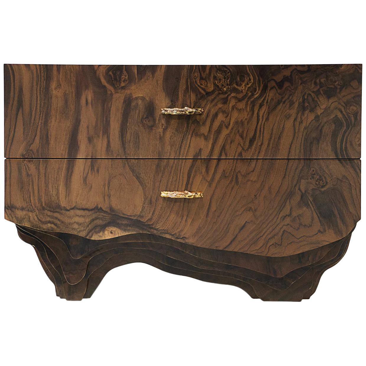 Huang Bedside Table with Walnut Root Veneer and Brushed Brass Detail by Brabbu For Sale