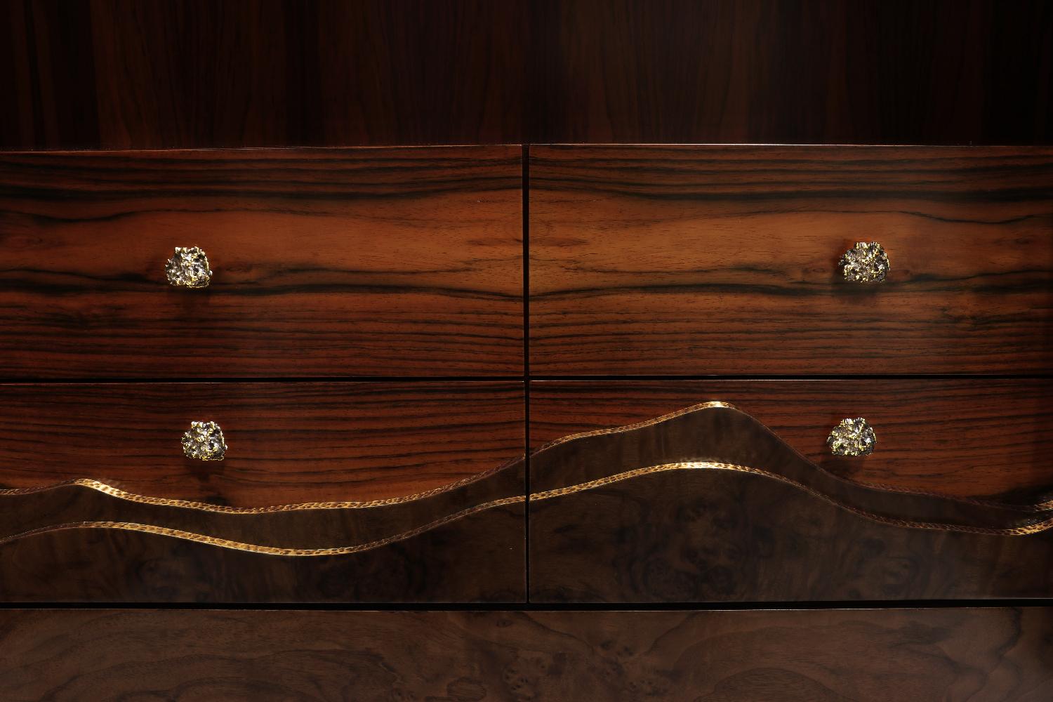 Contemporary Huang Cabinet with Walnut Root Veneer and Brushed Brass Detail by Brabbu For Sale