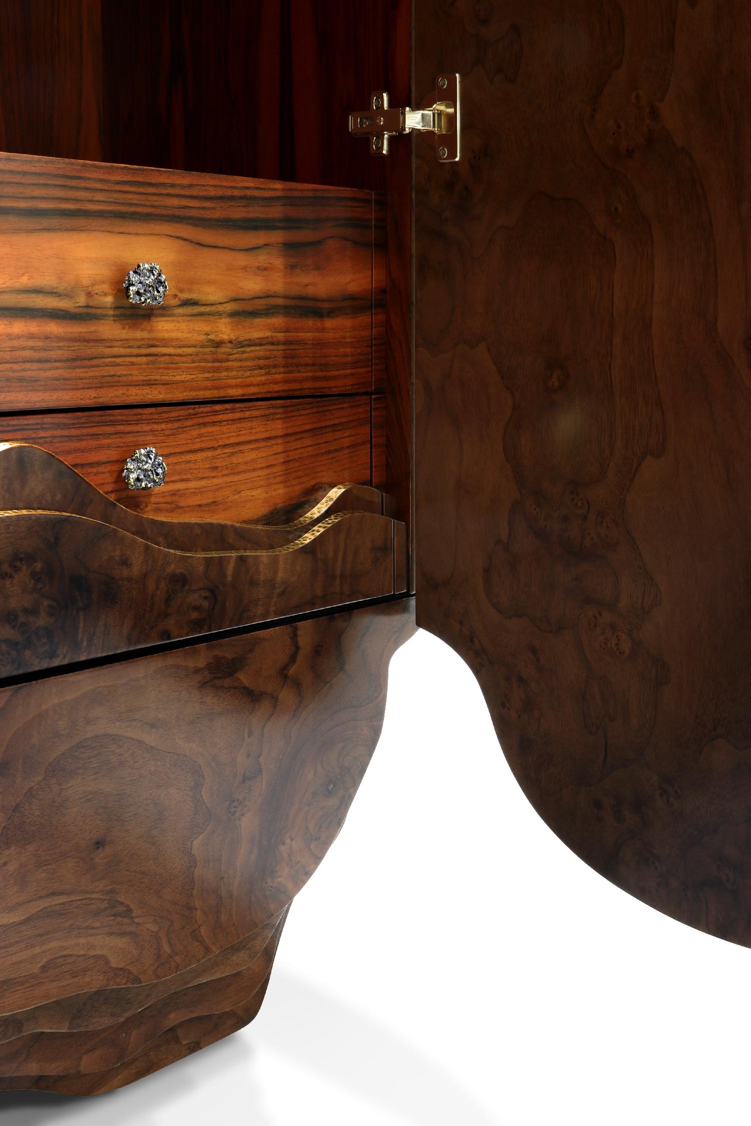 Wood Huang Cabinet with Walnut Root Veneer and Brushed Brass Detail by Brabbu For Sale