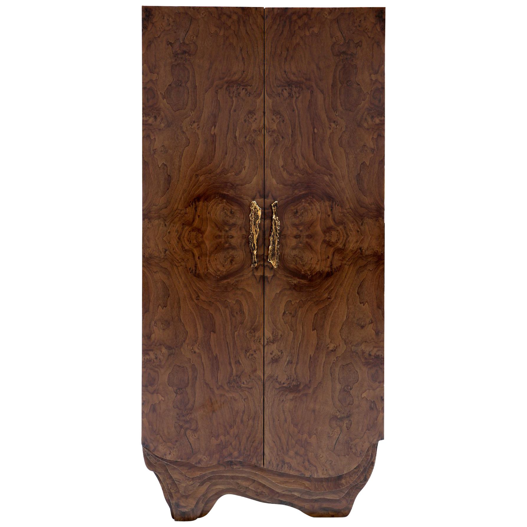 Huang Cabinet with Walnut Root Veneer and Brushed Brass Detail by Brabbu For Sale