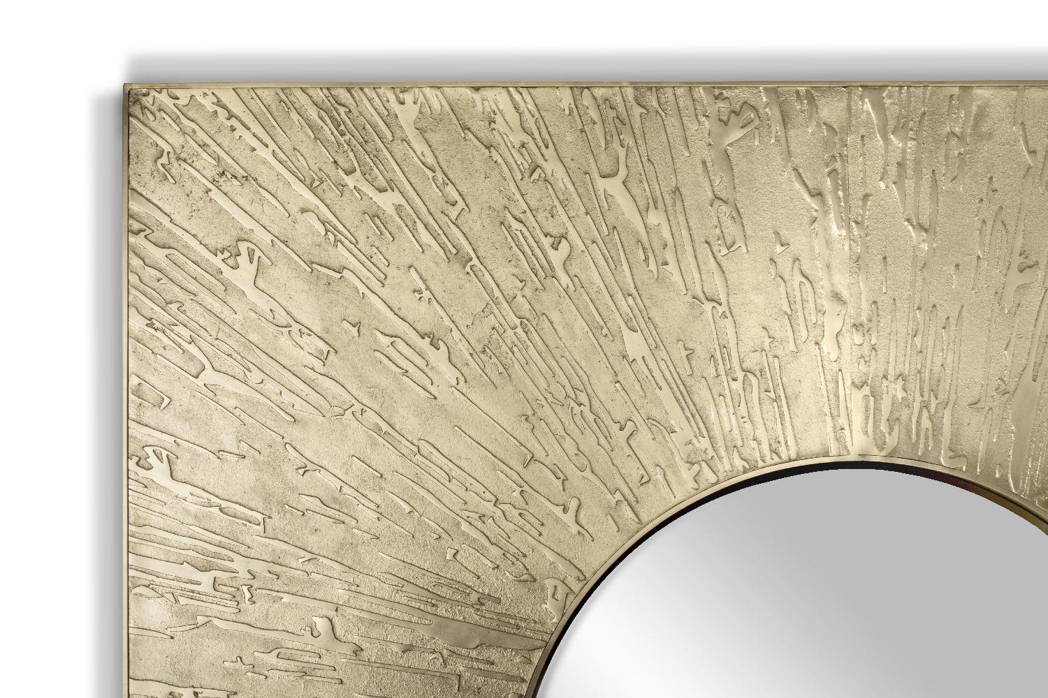 Art Deco Huli II Square Mirror in Matte Casted Brass by Brabbu For Sale