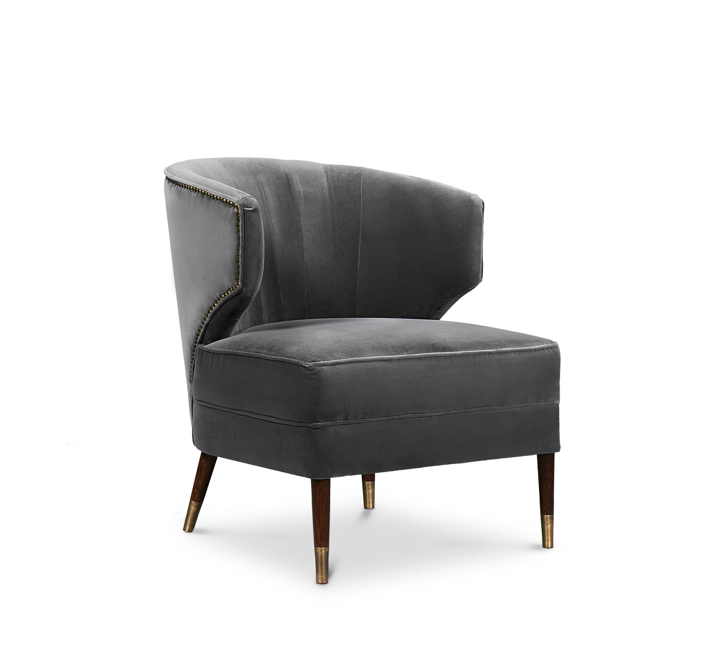 Portuguese Ibis Armchair in Cotton Velvet with Brass Details For Sale