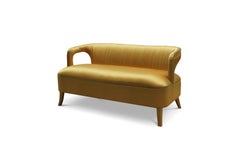 Karoo Sofa and Loveseat in Gold Satin With Fully Upholstered Legs by Brabbu