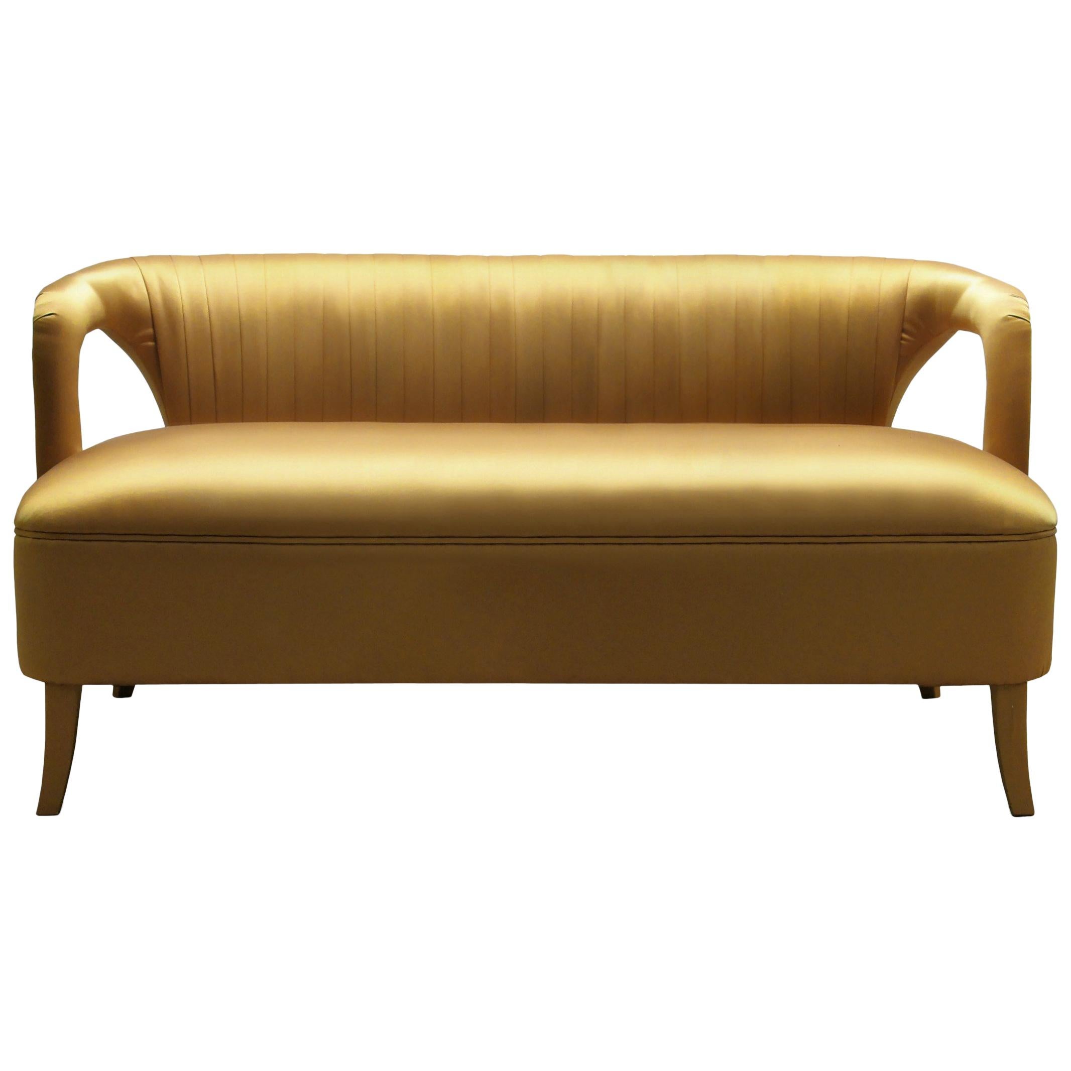 Karoo Sofa and Loveseat in Gold Satin With Fully Upholstered Legs by Brabbu For Sale