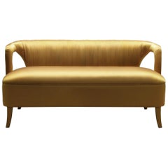 Karoo Sofa and Loveseat in Gold Satin With Fully Upholstered Legs by Brabbu