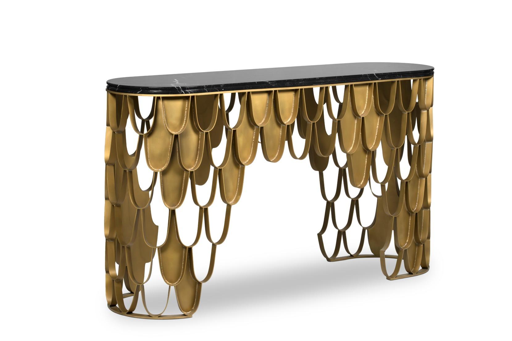 Mid-Century Modern Koi Console Table in Brass with Marble Top For Sale