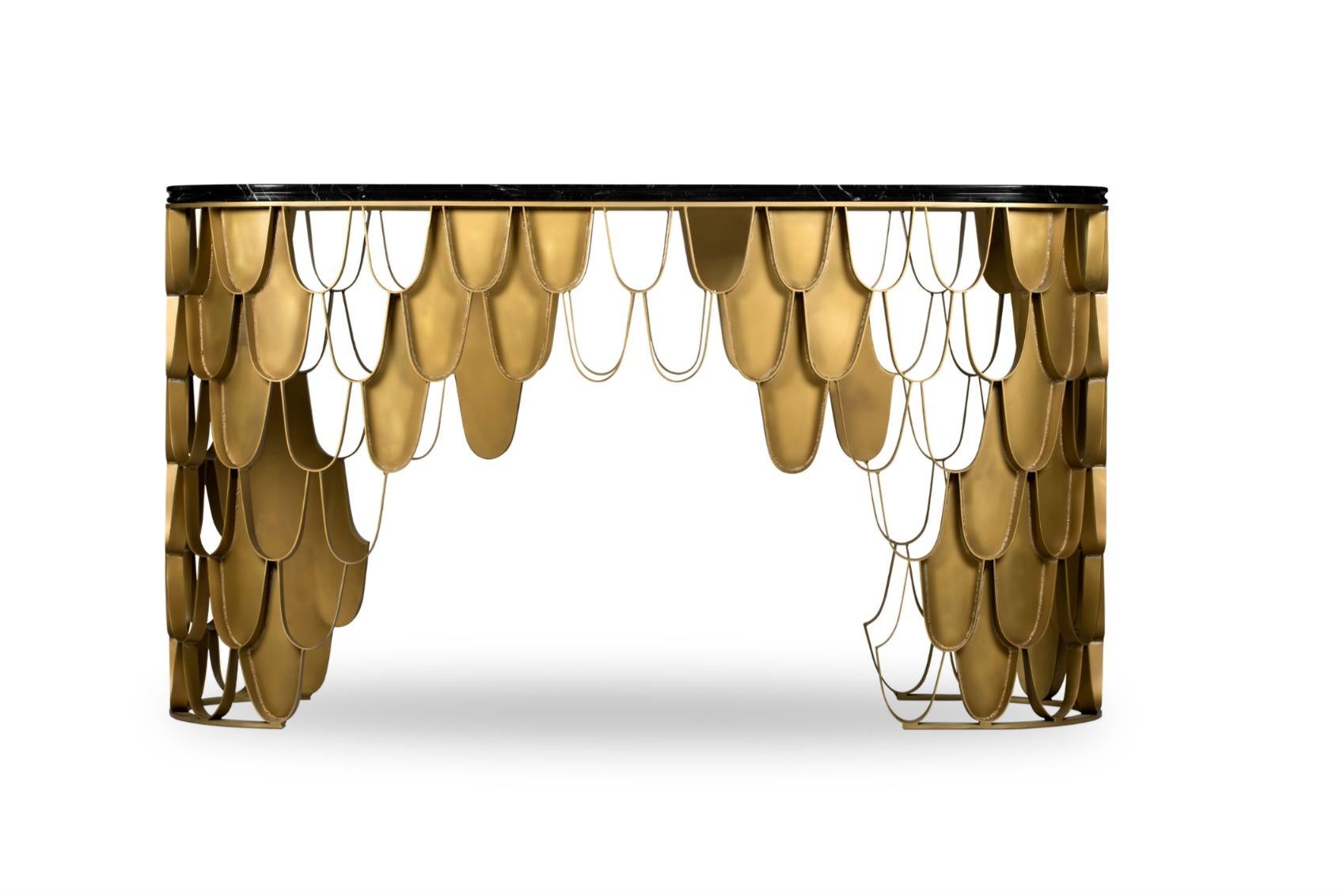 Portuguese Koi Console Table in Brass with Marble Top For Sale