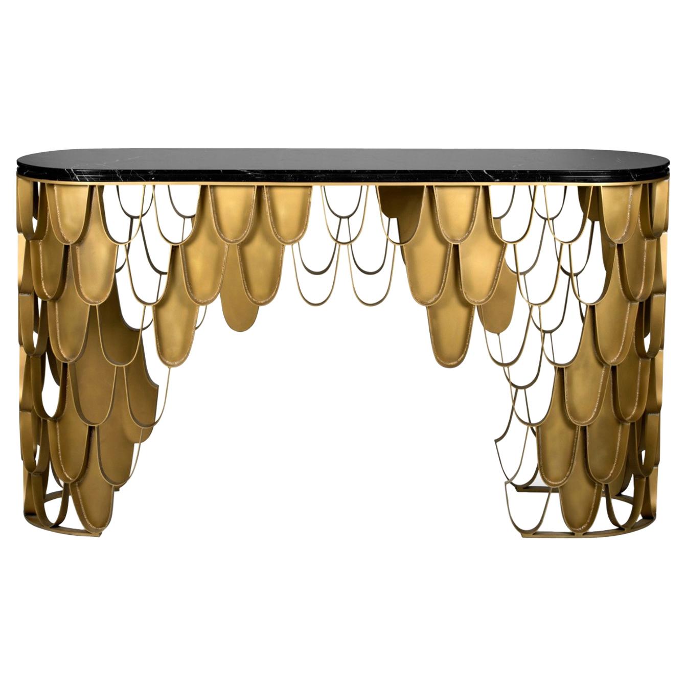 Koi Console Table in Brass with Marble Top
