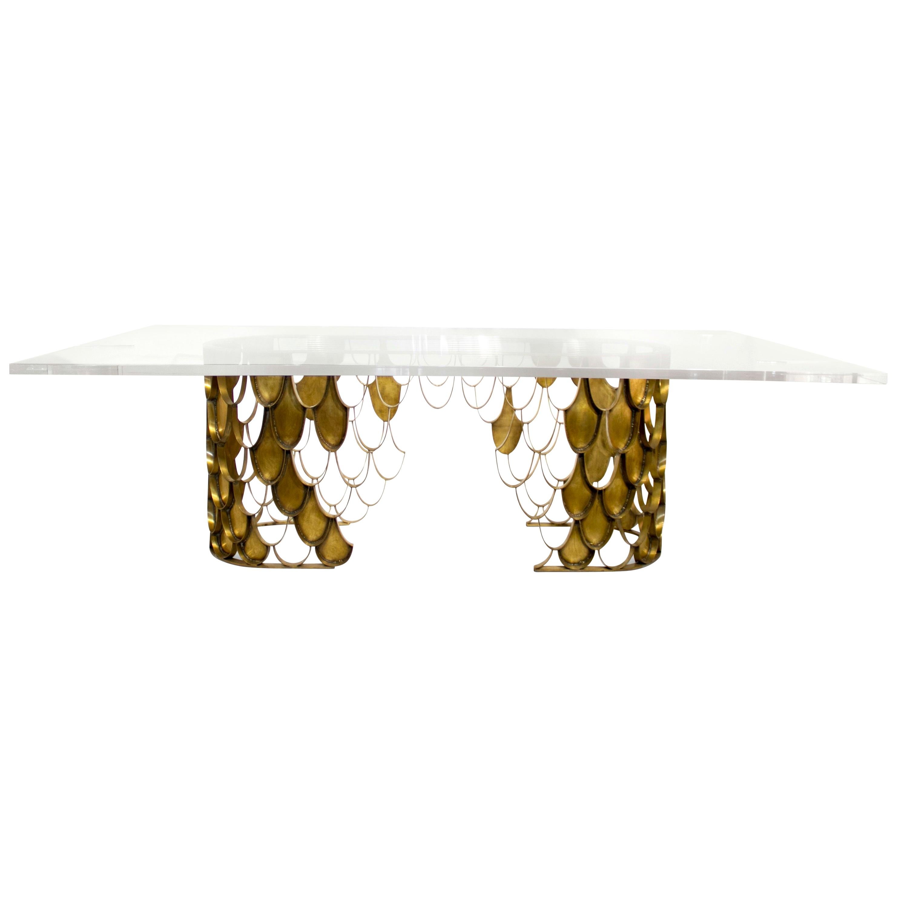 Koi II Dining Table in Brass with Rectangular Acrylic Top by Brabbu For Sale